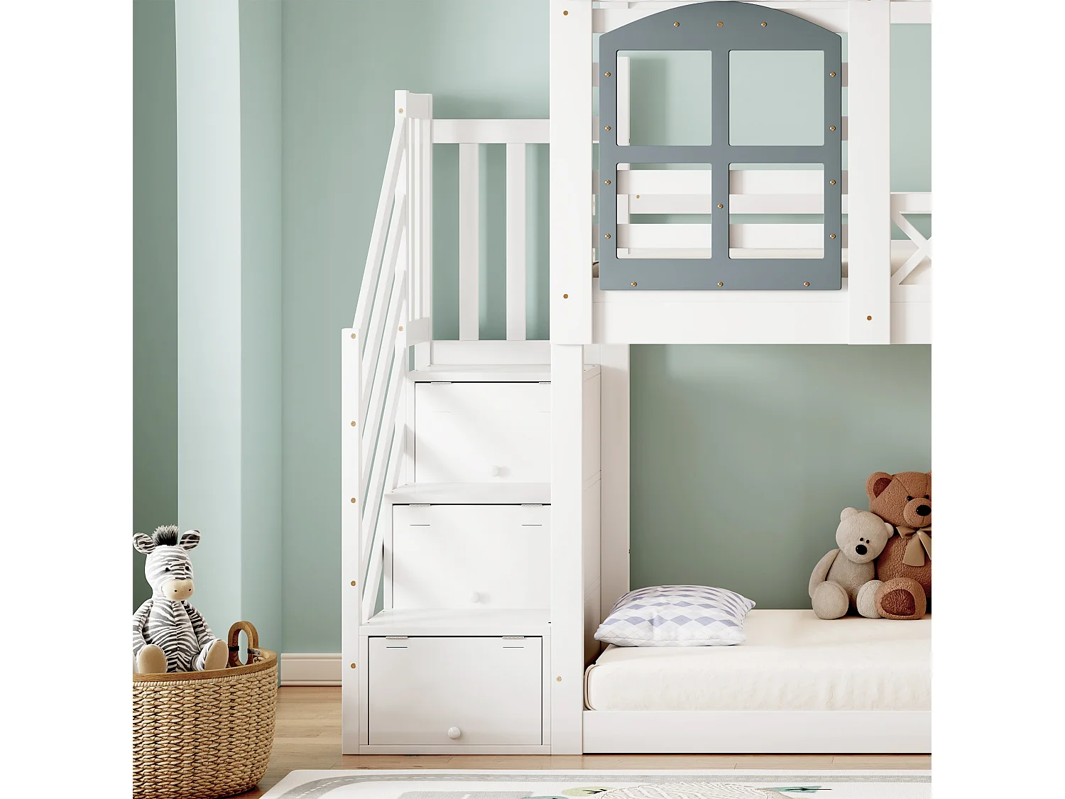 Lit Enfants - Lit Superposé 90 x 200 cm - Avec Toit et Fenêtres et Escalier à 3 Rangements - En Pin;MDF - Sans Matelas - Blanc+Gris