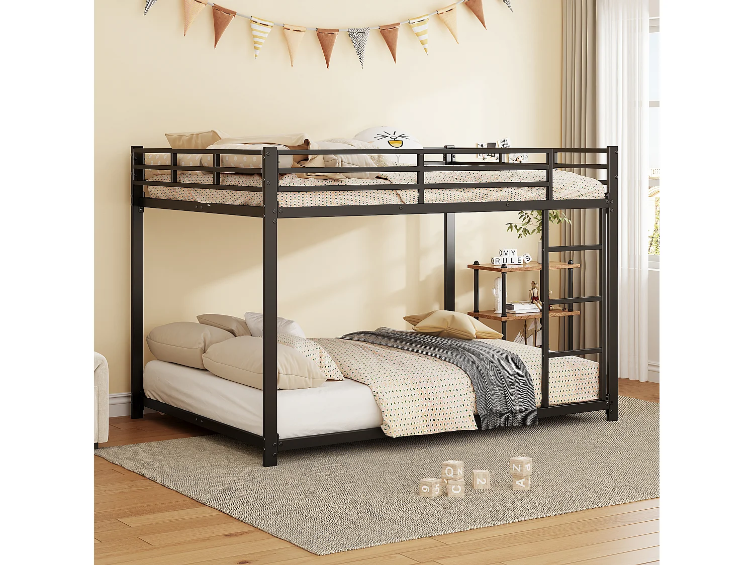 lit superposé enfants 140x200 cm avec échelle, 2 sommiers, forme classique, fer noir, sans matelas