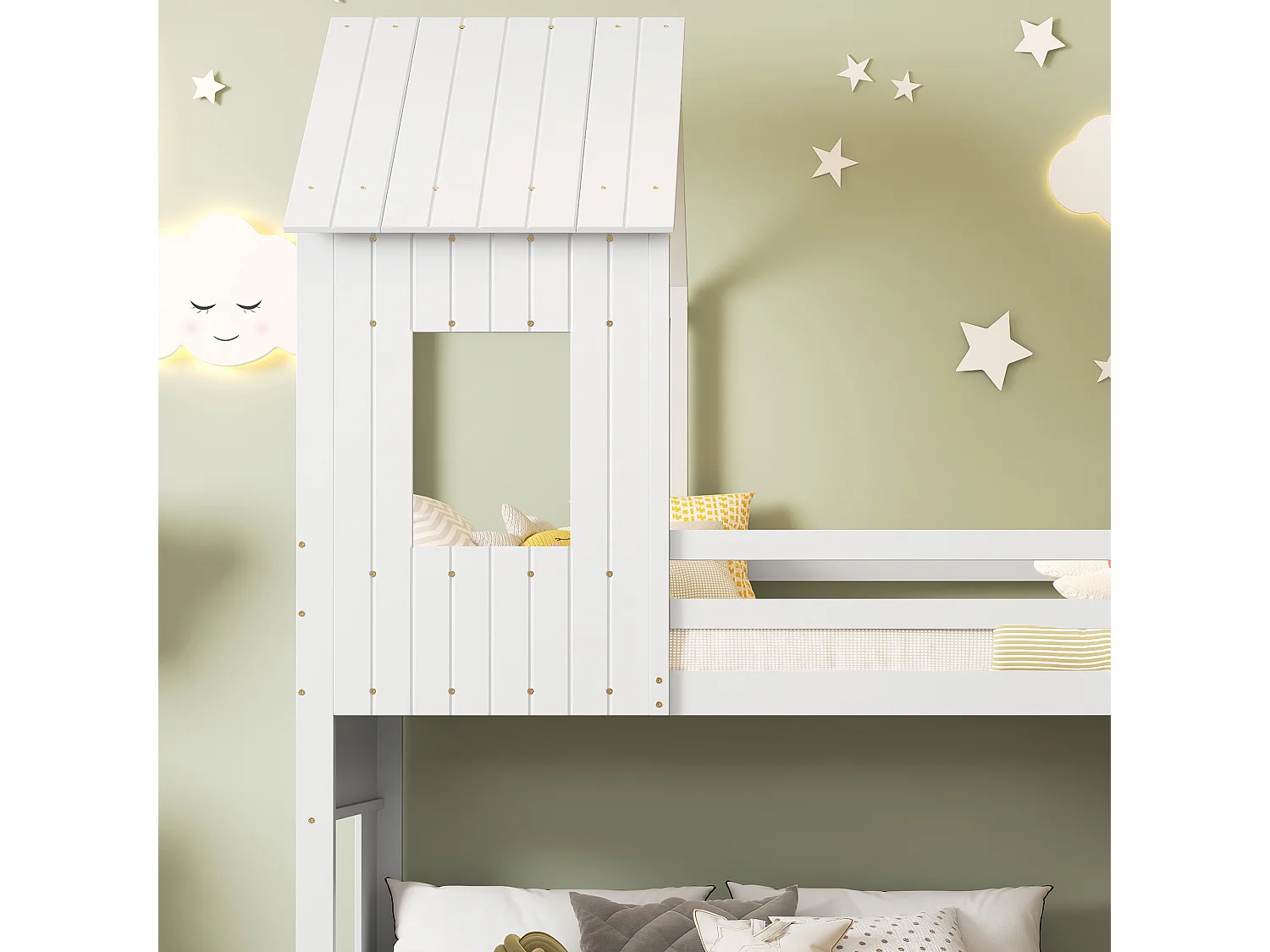 Lit superposé 90 x 200 cm & 140 x 200 cm - Lit Maison en Pin+MDF avec Toboggan et Escalier 3 Marches - Blanc - Sans matelas