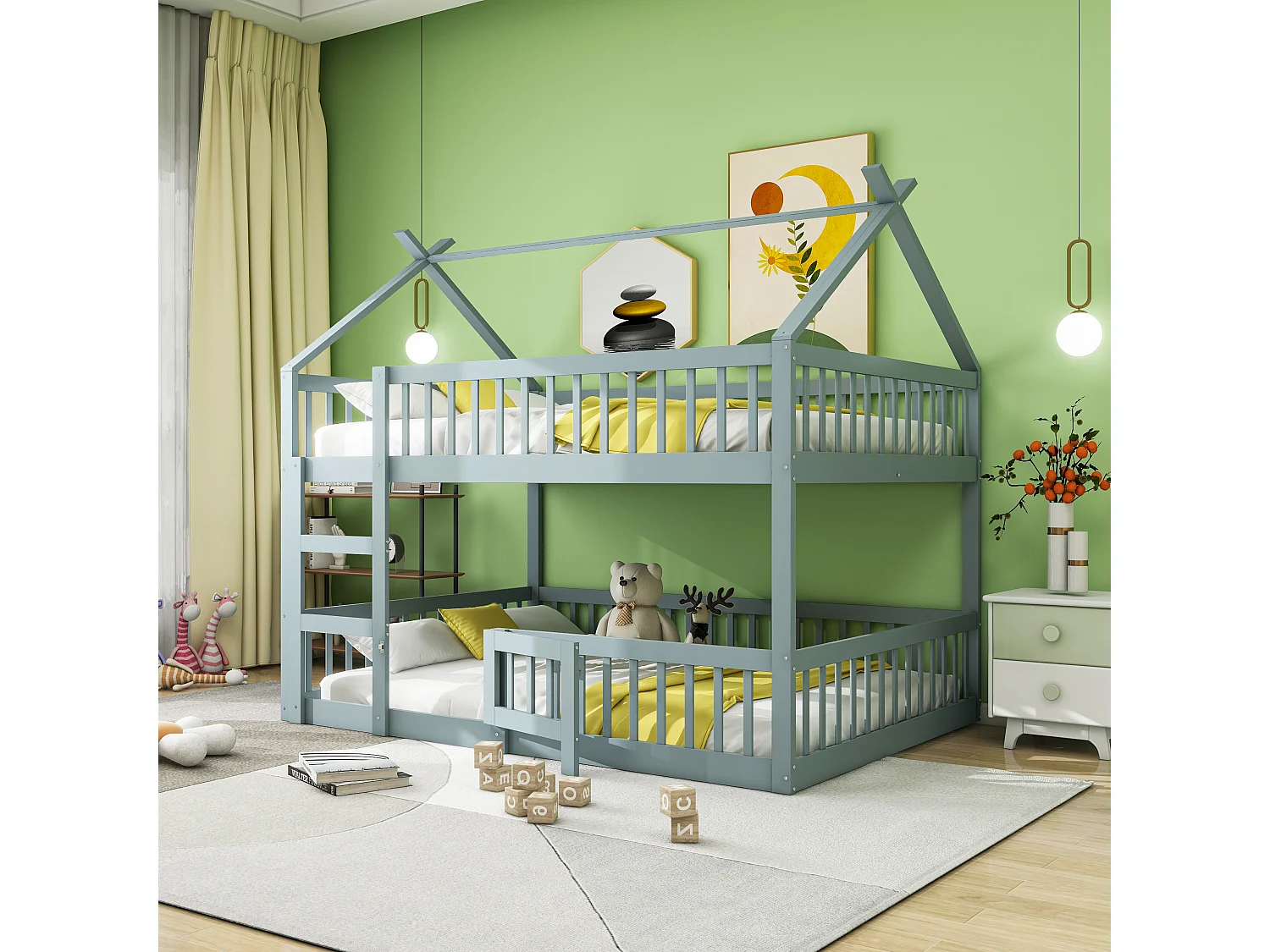 Lit superposé 140x200 cm avec échelle, lit cabane, 1 sommier, Bois, contreplaqué, MDF, gris, sans matelas