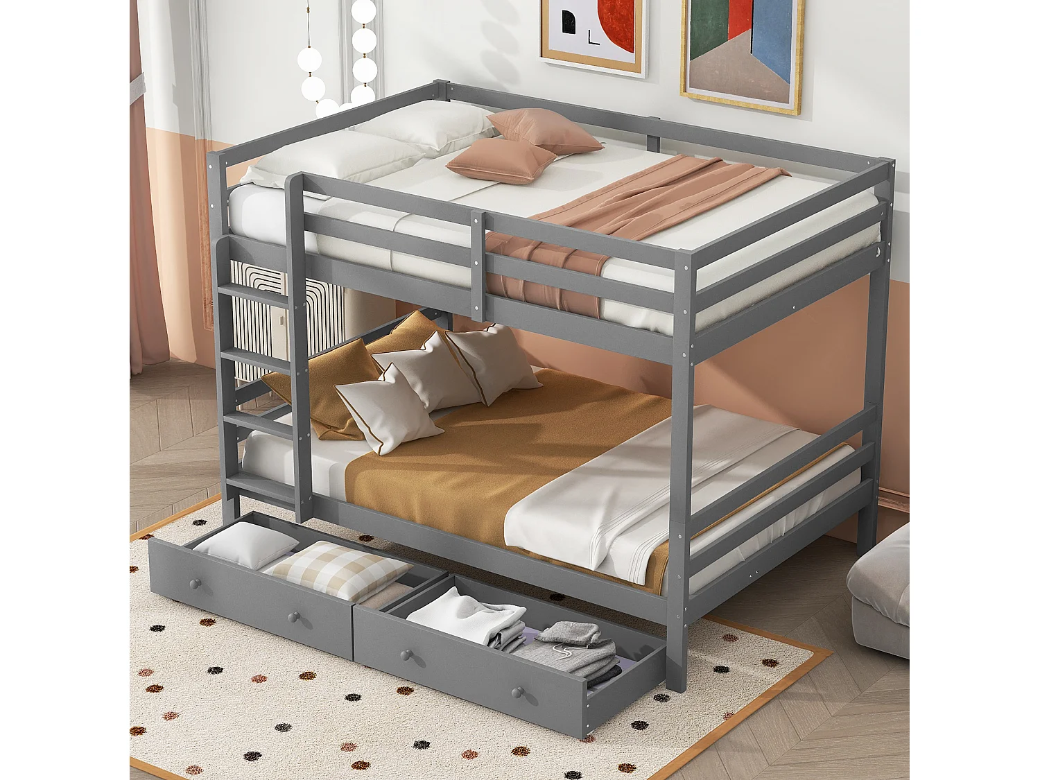 Lit superposé enfant 140x200 cm avec rangements, 2 sommiers, 2 tiroirs, Pin et MDF, gris, sans matelas