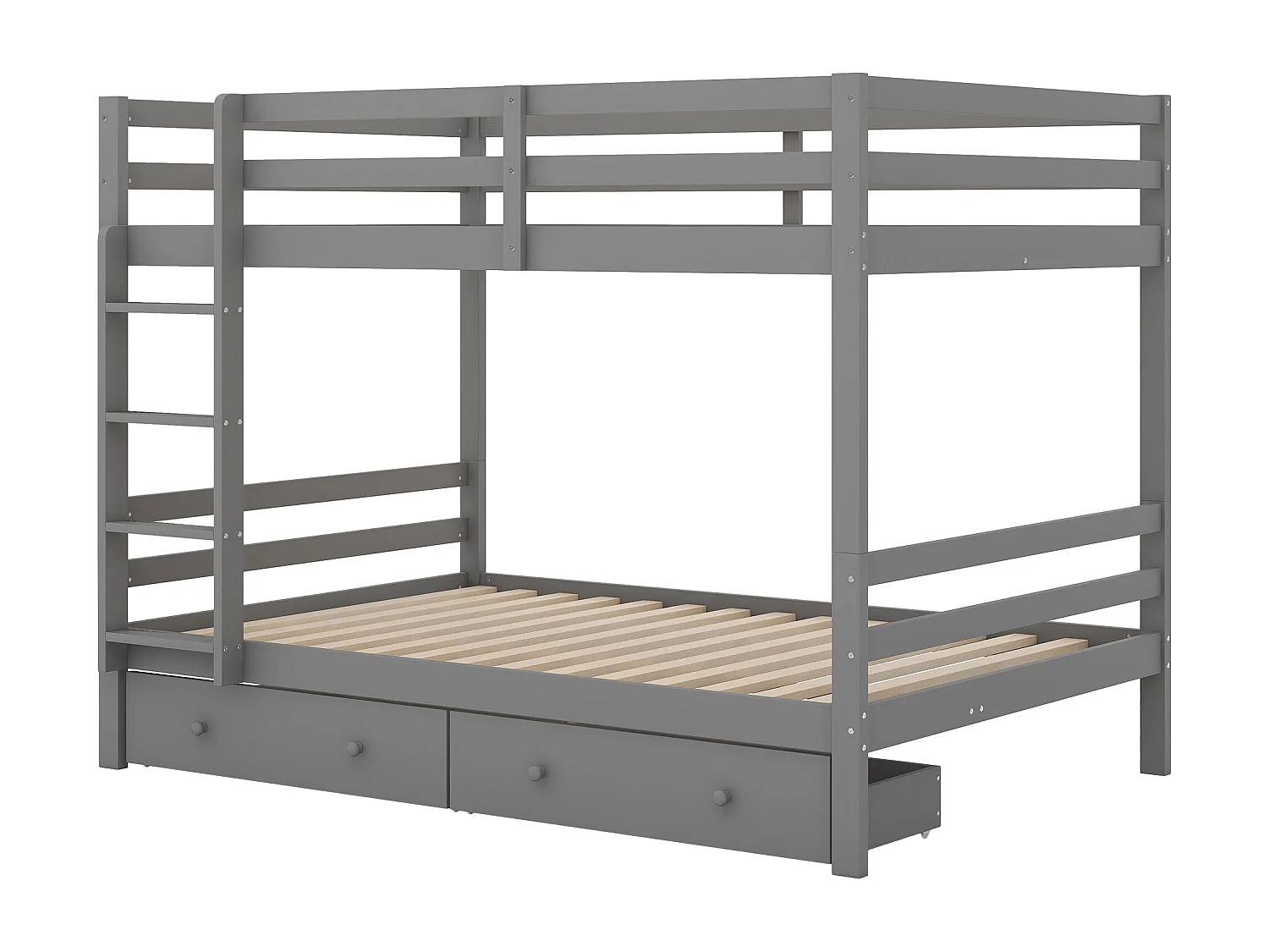 Lit superposé enfant 140x200 cm avec rangements, 2 sommiers, 2 tiroirs, Pin et MDF, gris, sans matelas