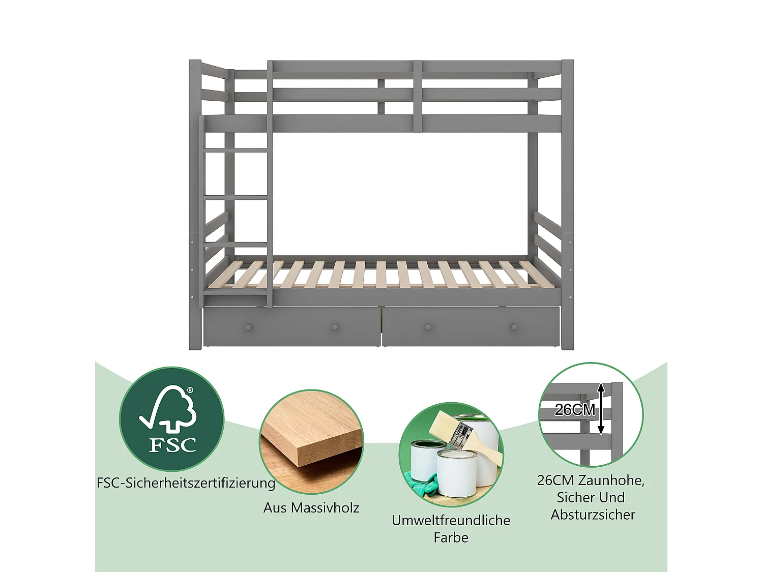 Lit Superposé 140 x 200 cm - En Pin; MDF - Structure Massif Avec 15 Lattes - Tiroirs De Rangement Amovibles Et Escalier - Sans Matelas - Gris