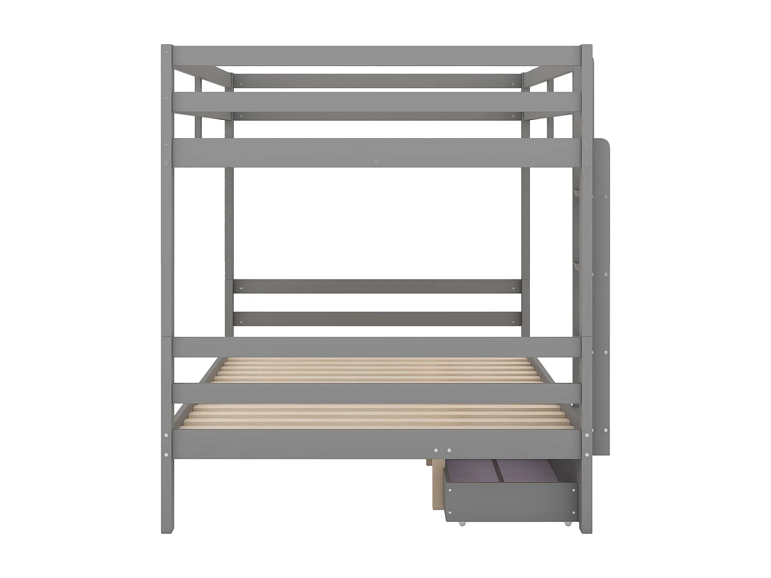 Lit Superposé 140 x 200 cm - En Pin; MDF - Structure Massif Avec 15 Lattes - Tiroirs De Rangement Amovibles Et Escalier - Sans Matelas - Gris