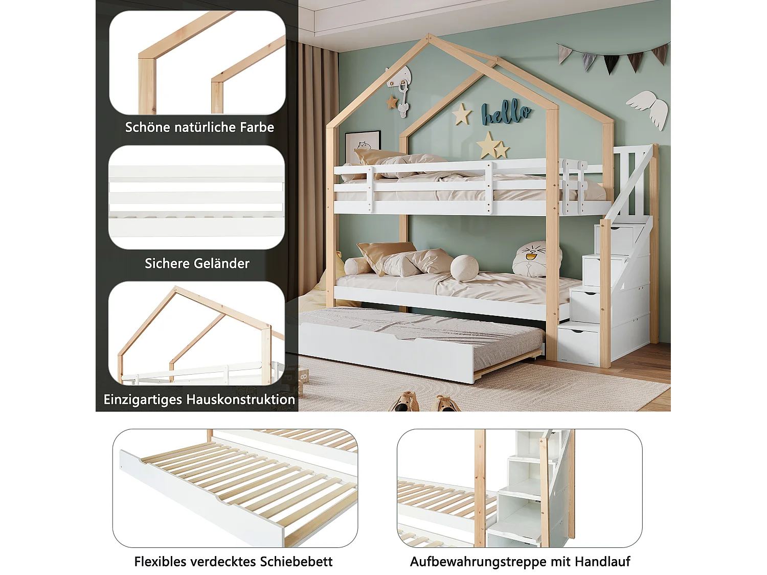 Lit Enfants 90 x 200 cm / 90 x 190 cm - Lit Superposé Coulissant Avec Escalier 4 Tiroirs - En Bois Massif+MDF - Sans Matelas - Naturel+Blanc