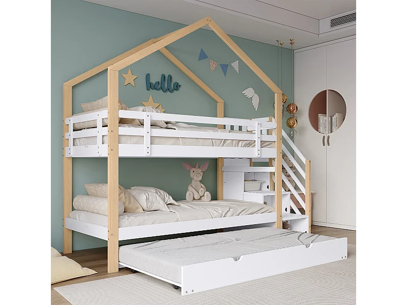 Lit Enfants 90 x 200 cm / 90 x 190 cm - Lit Superposé Coulissant Avec Escalier 4 Tiroirs - En Bois Massif+MDF - Sans Matelas - Naturel+Blanc