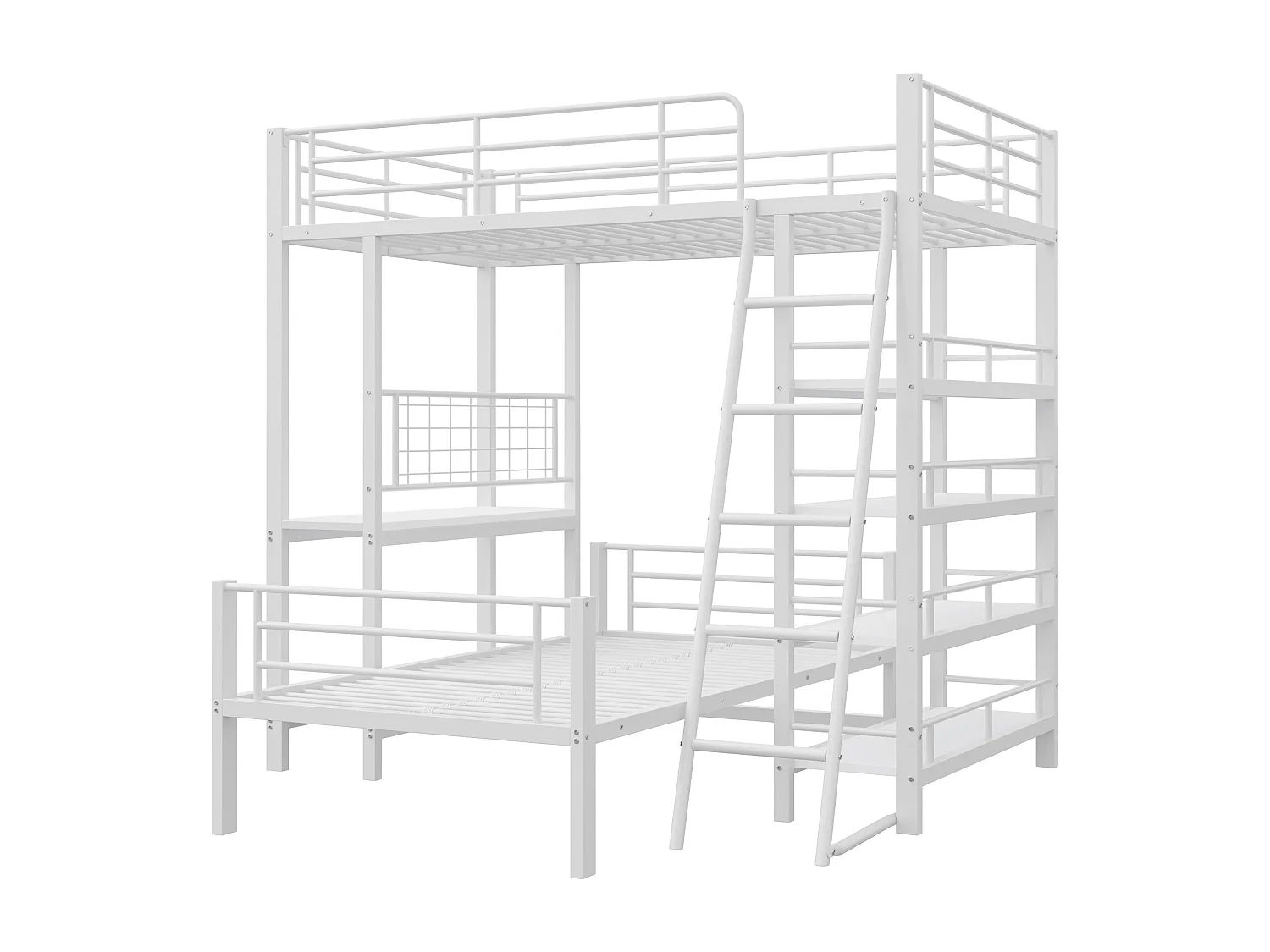 Lit superposé 90x200 cm avec rangement, lit mezzanine , 2 sommiers, MDF et métal, blanc, sans matelas