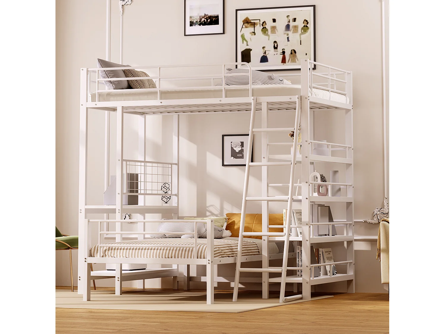 Lit superposé 90x200 cm avec rangement, lit mezzanine , 2 sommiers, MDF et métal, blanc, sans matelas