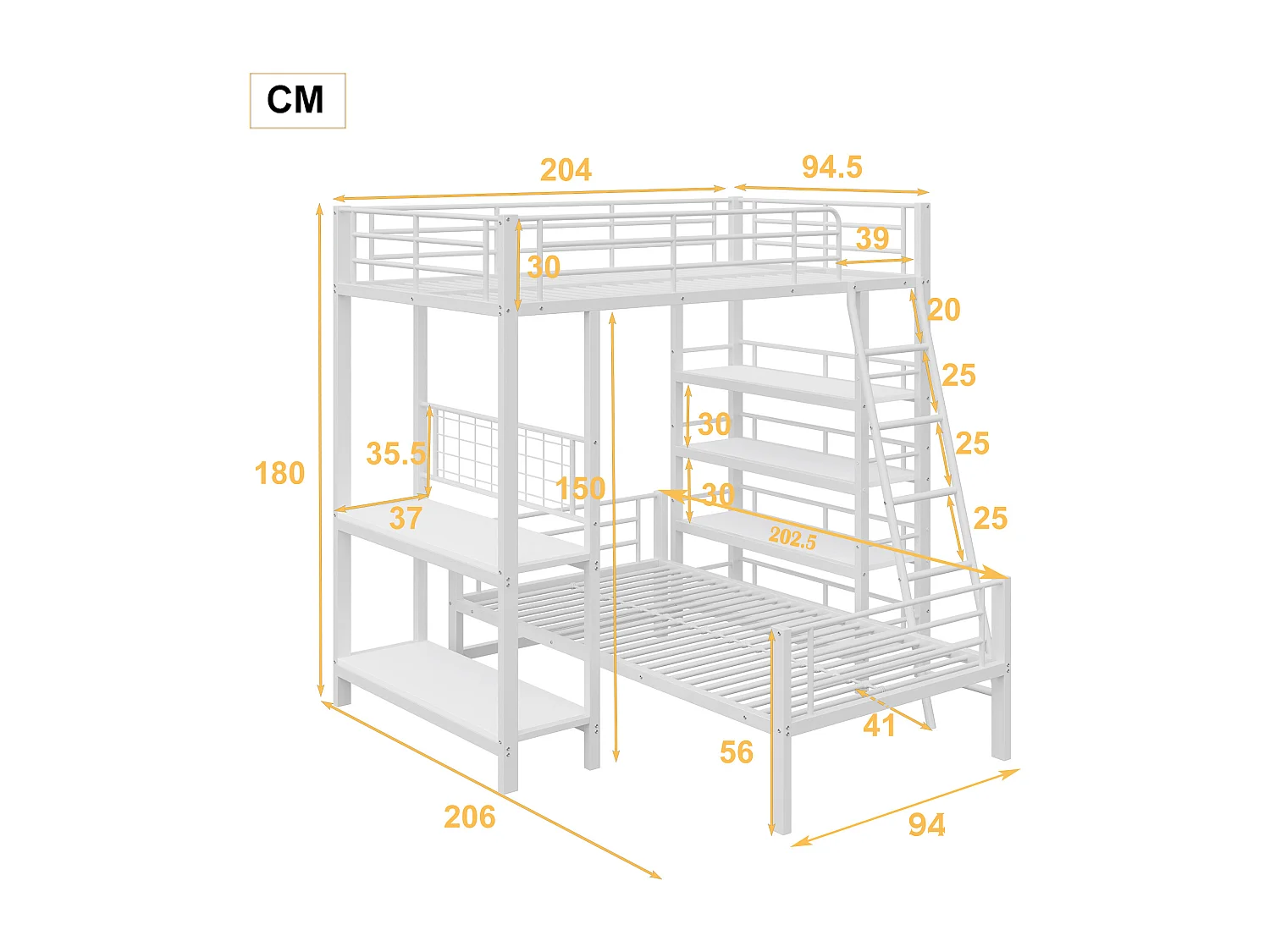 Lit superposé 90x200 cm avec rangement, lit mezzanine , 2 sommiers, MDF et métal, blanc, sans matelas