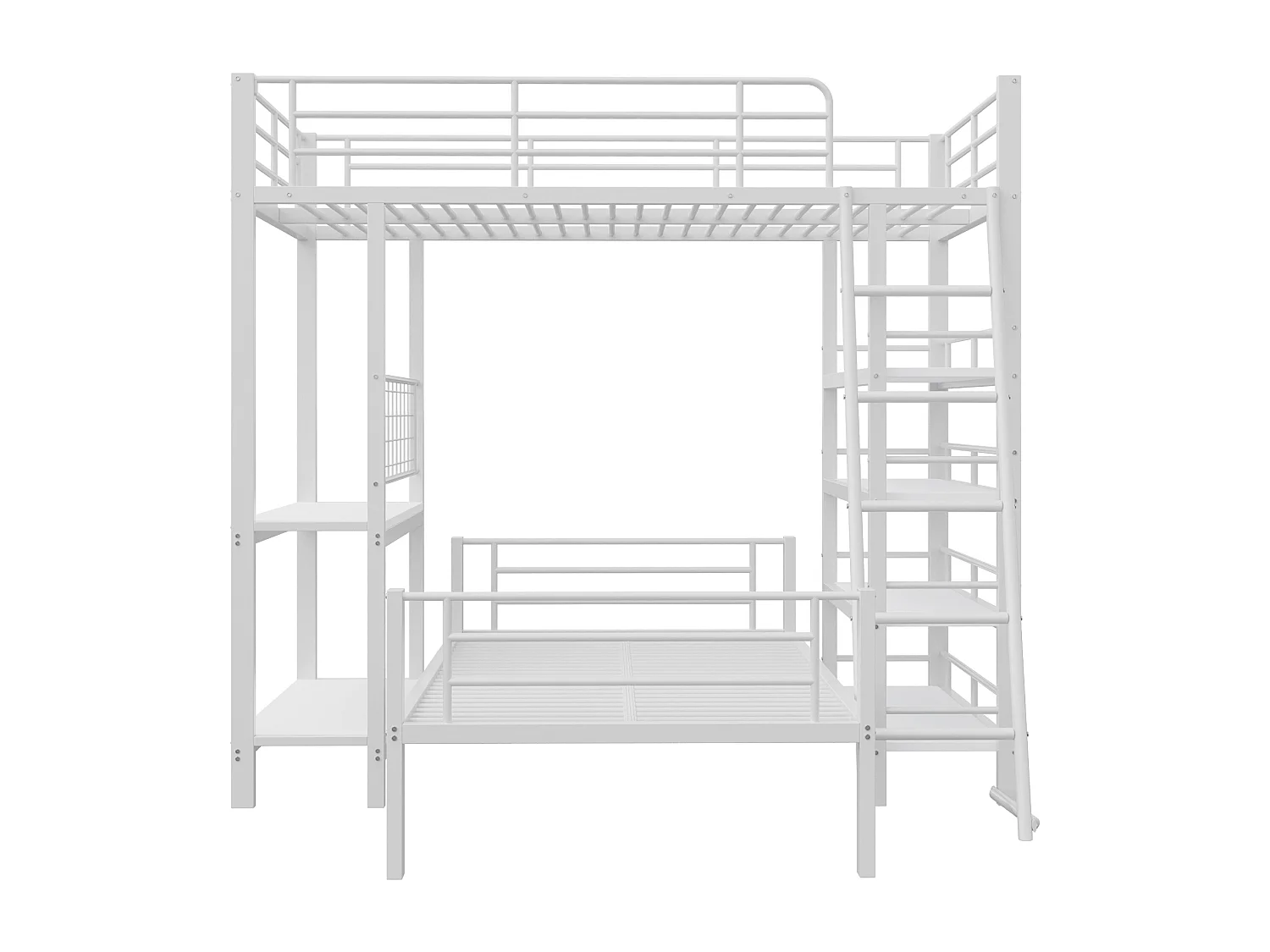 Lit superposé 90x200 cm avec rangement, lit mezzanine , 2 sommiers, MDF et métal, blanc, sans matelas