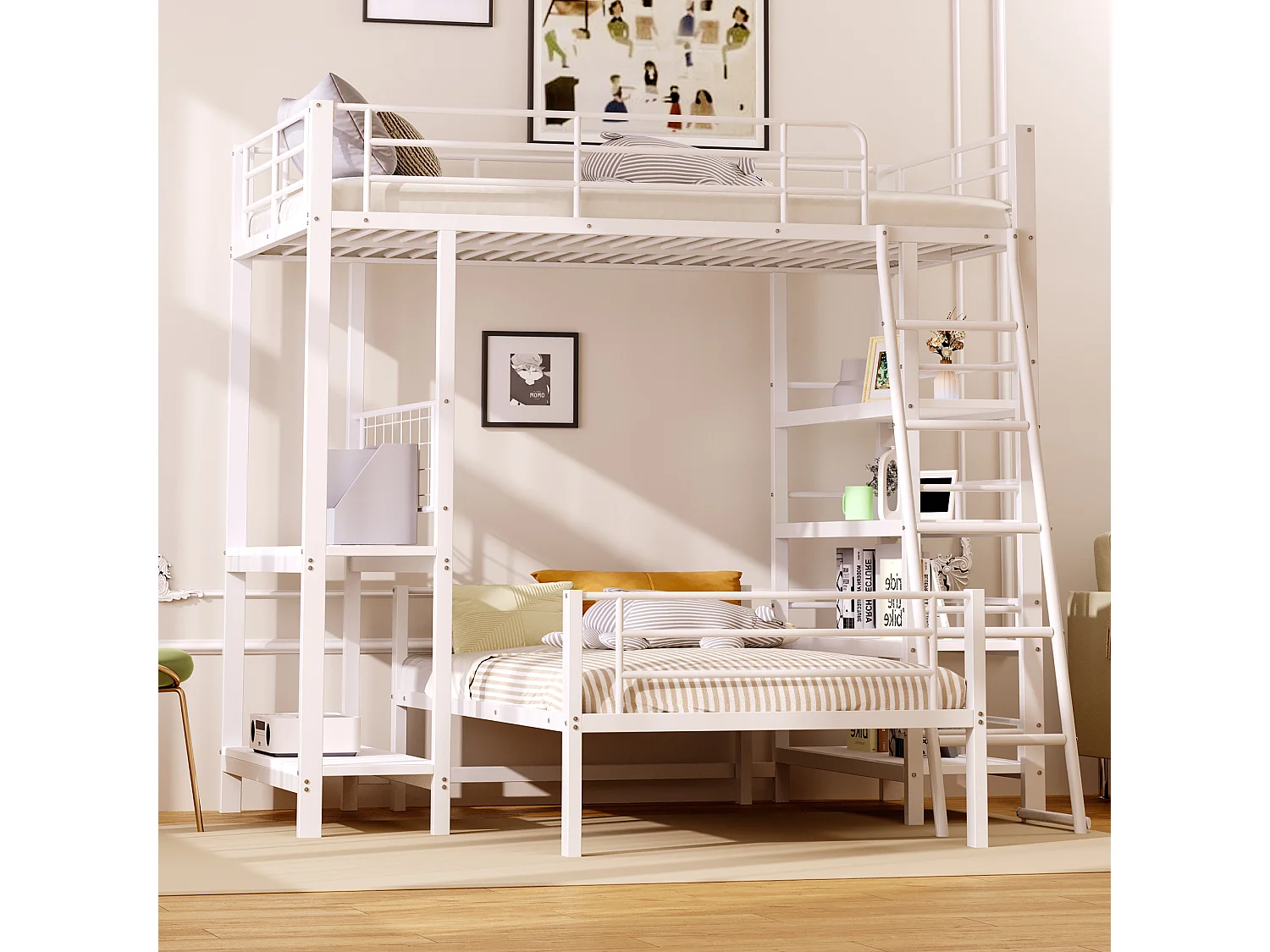 Lit Mezzanine 90 x 200 cm - Lit Superposé Modulable - En Métal - Rangement Intégré, Sommier À Lattes - Sans Matelas - Blanc