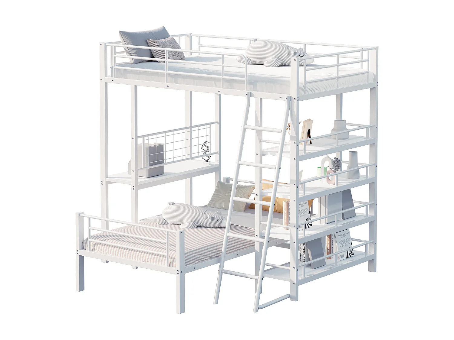 Lit Mezzanine 90 x 200 cm - Lit Superposé Modulable - En Métal - Rangement Intégré, Sommier À Lattes - Sans Matelas - Blanc