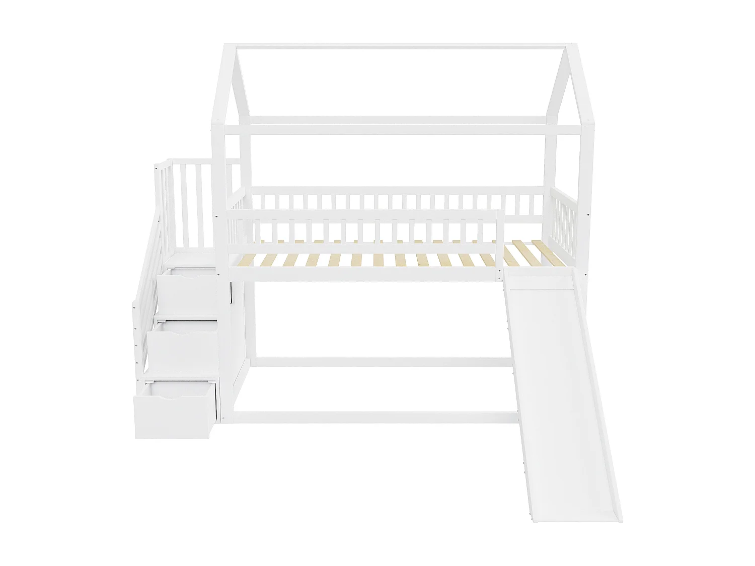 Lit superposé 90x200 cm, lit enfant avec toboggan et échelle de rangement, structure haute, bois, sans matelas
