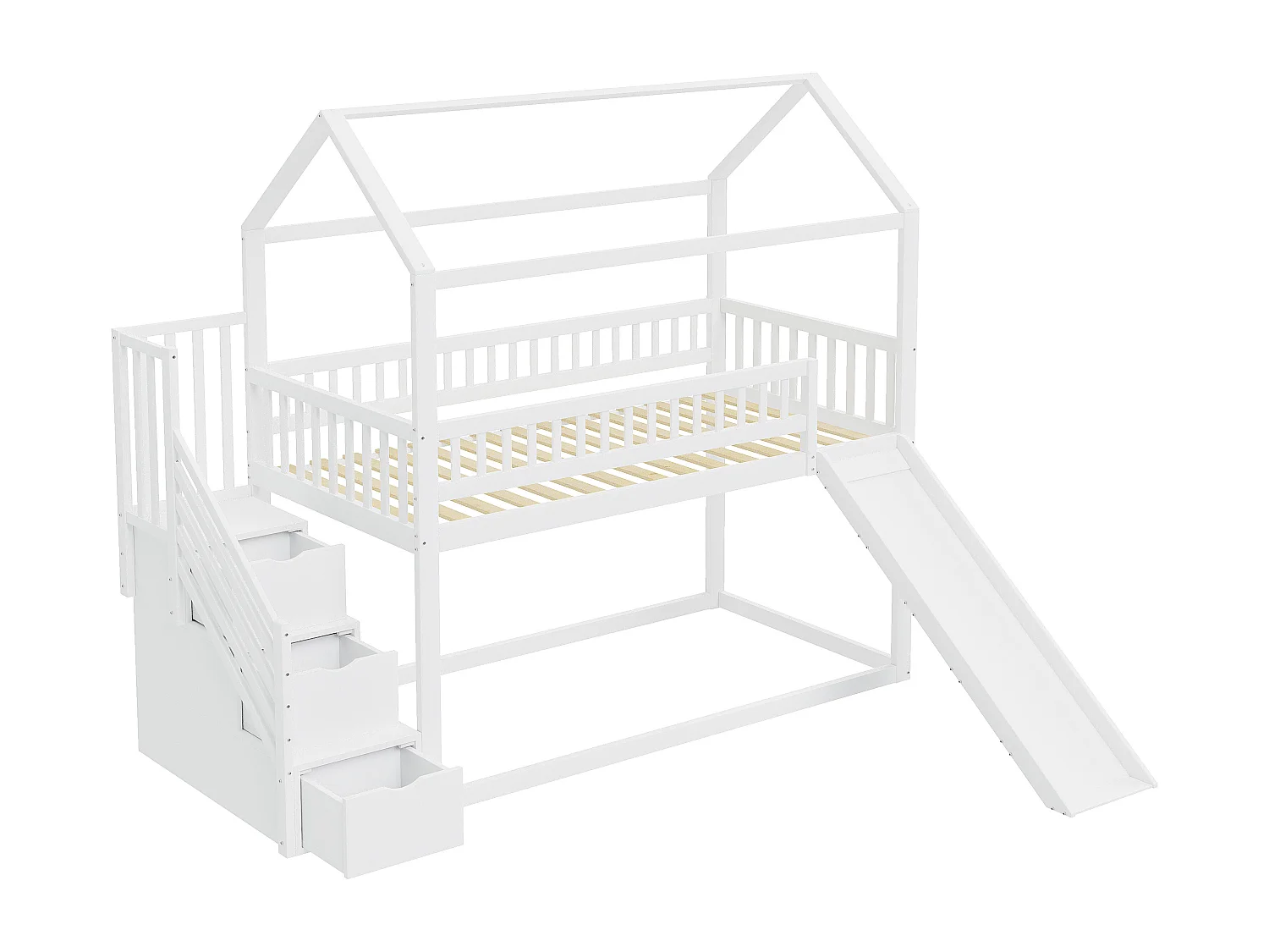 Lit superposé 90x200 cm, lit enfant avec toboggan et échelle de rangement, structure haute, bois, sans matelas