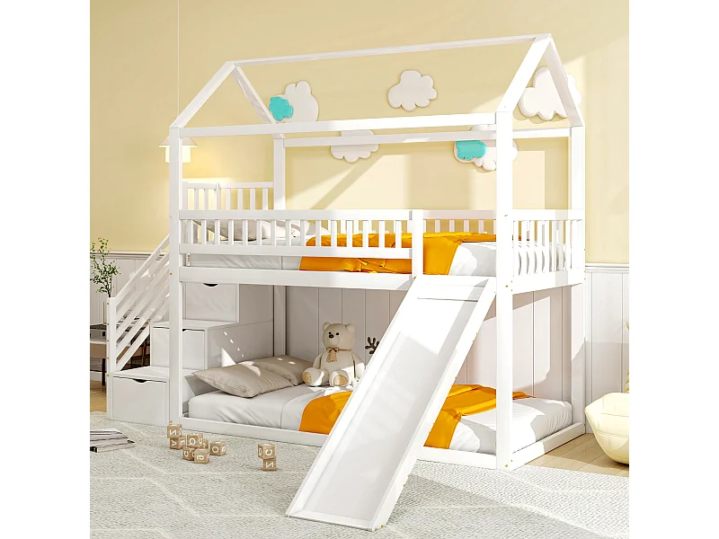 Lit superposé 90x200 cm, lit enfant avec toboggan et échelle de rangement, structure haute, bois, sans matelas