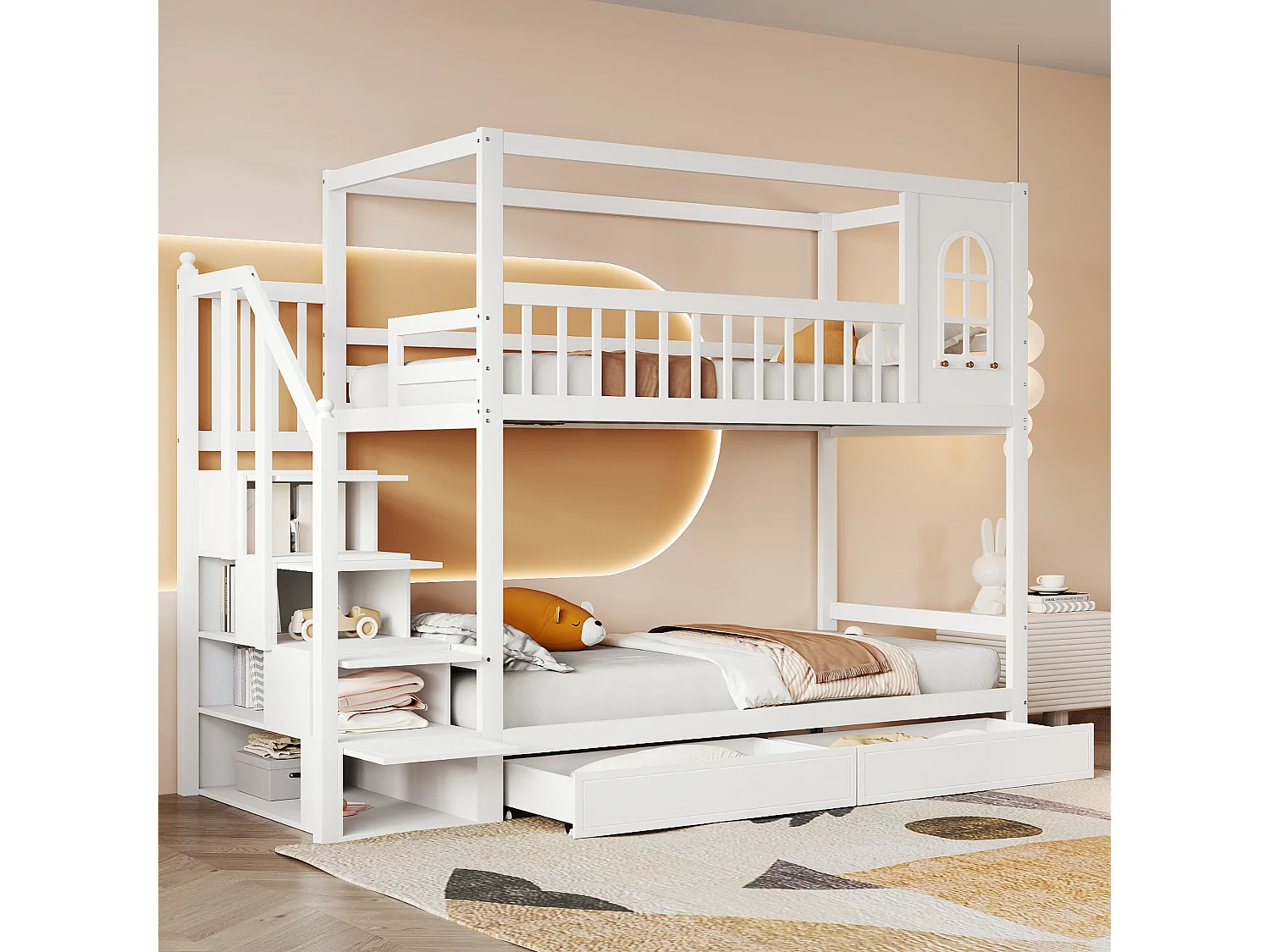 Lit superposé 90x200 cm, 2 sommiers, rangements, pin, MDF et contreplaqué, blanc, sans matelas