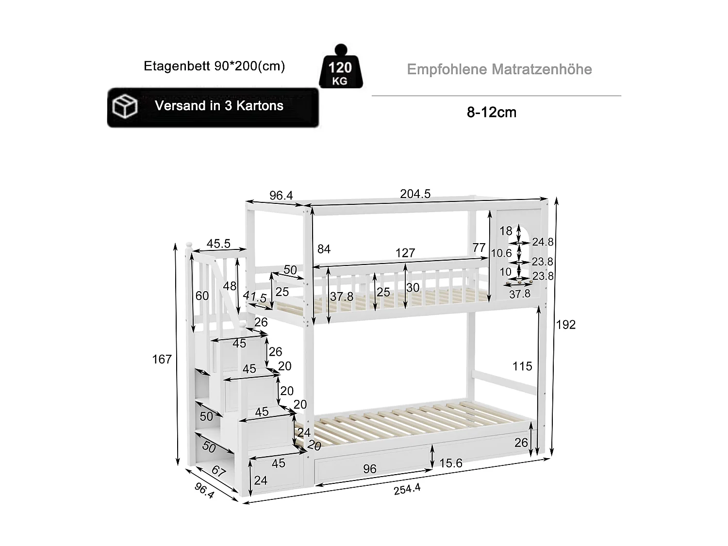 Lit superposé 90x200 cm, 2 sommiers, rangements, pin, MDF et contreplaqué, blanc, sans matelas
