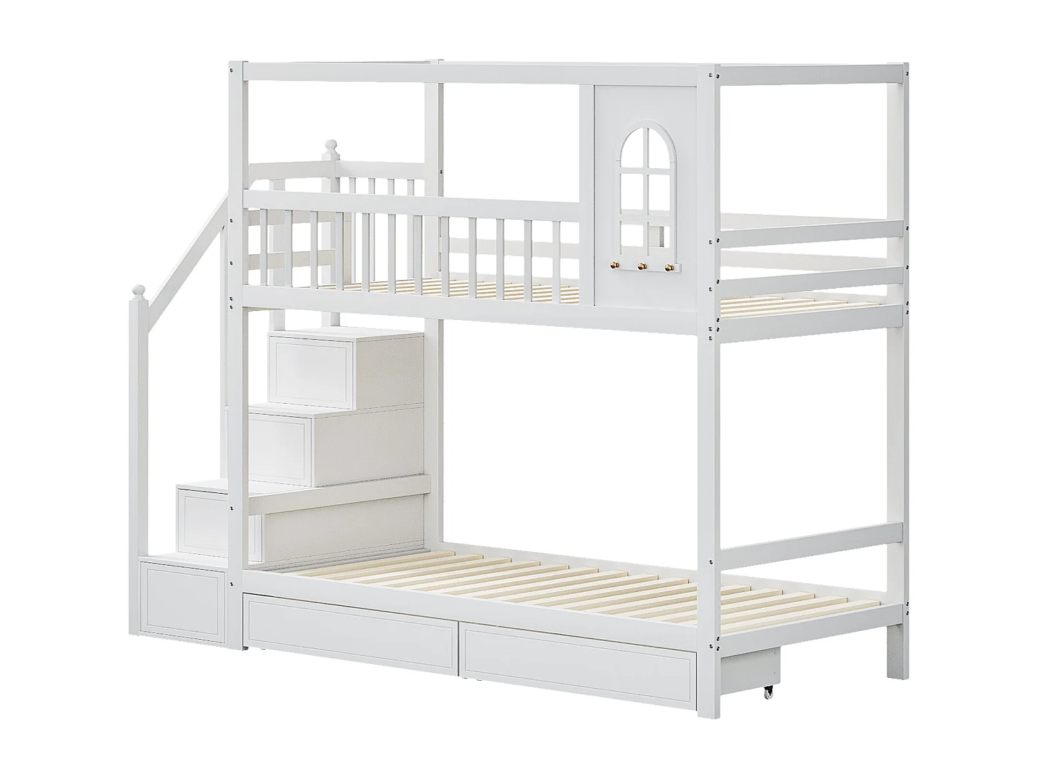 Lit superposé 90x200 cm, 2 sommiers, rangements, pin, MDF et contreplaqué, blanc, sans matelas