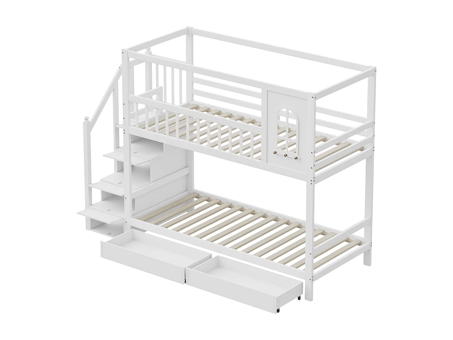 Lit superposé 90x200 cm, 2 sommiers, rangements, pin, MDF et contreplaqué, blanc, sans matelas