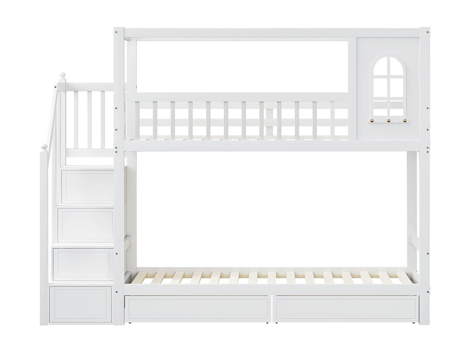 Lit superposé 90x200 cm, 2 sommiers, rangements, pin, MDF et contreplaqué, blanc, sans matelas