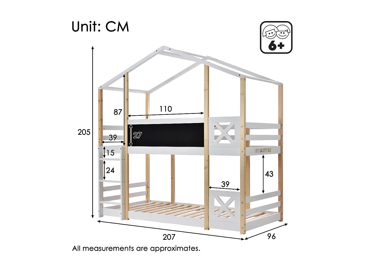 Lit enfants - Lit superposé Cabane 90 x 200 cm - Bois Massif Pin;MDF - Tableau 110 x 27 cm + 2 Sommiers - Garde-Corps - Sans Matelas - Blanc