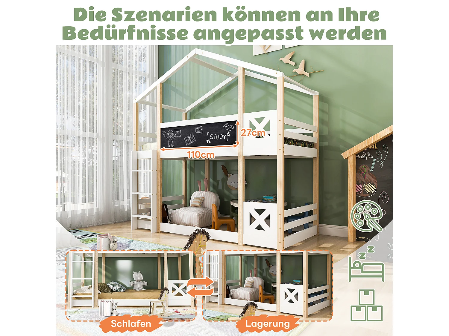 Lit enfants - Lit superposé Cabane 90 x 200 cm - Bois Massif Pin;MDF - Tableau 110 x 27 cm + 2 Sommiers - Garde-Corps - Sans Matelas - Blanc