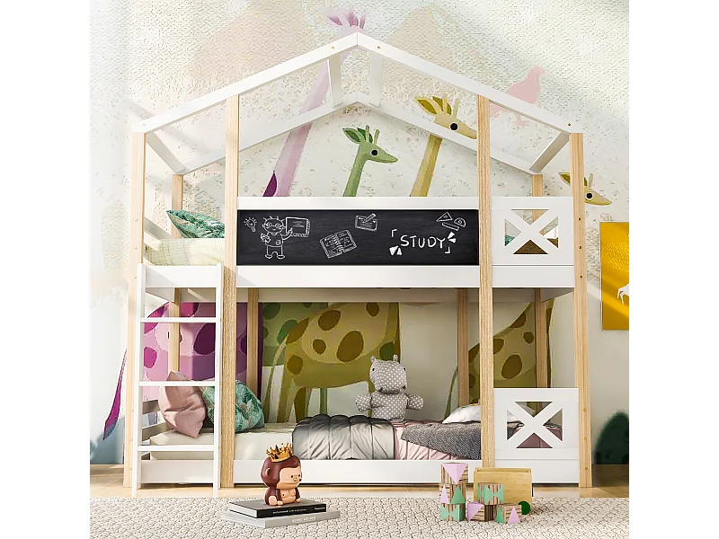 Lit superposé enfant 90x200 cm, Lit cabane, 2 sommiers, Pin et MDF, naturel et blanc, sans matelas