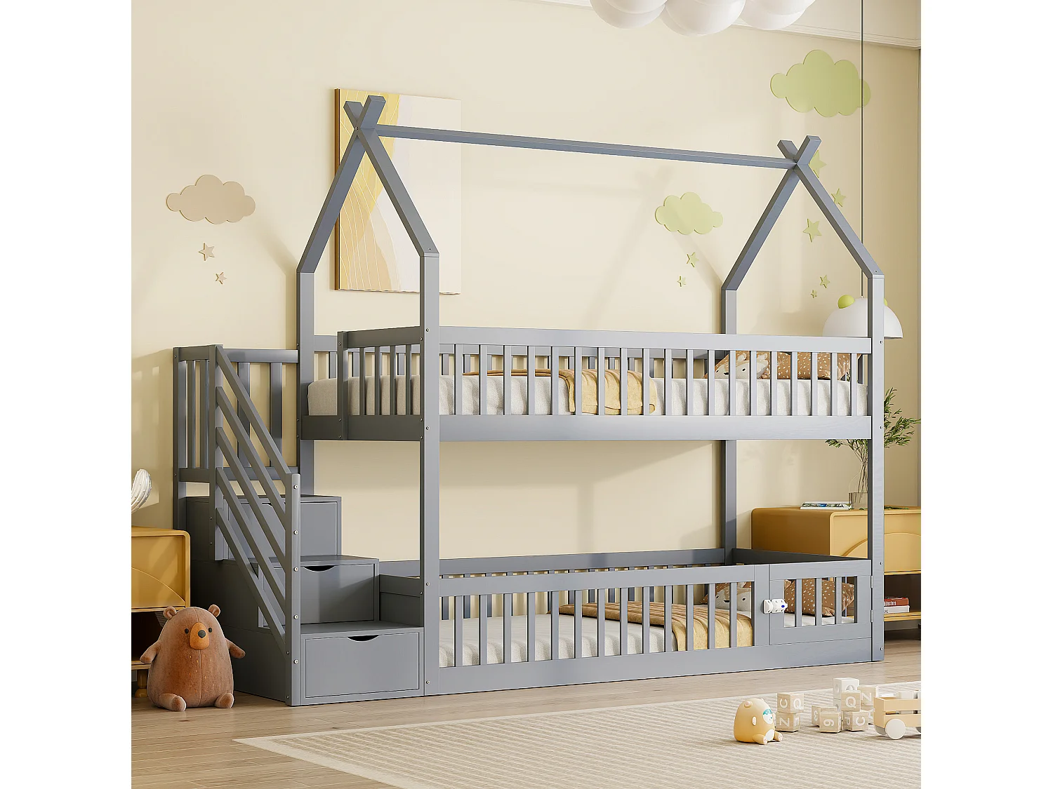 Lit superposé enfant 90x200 cm avec toit, échelle de sécurité et rangement, Bois et MDF, gris, sans matelas
