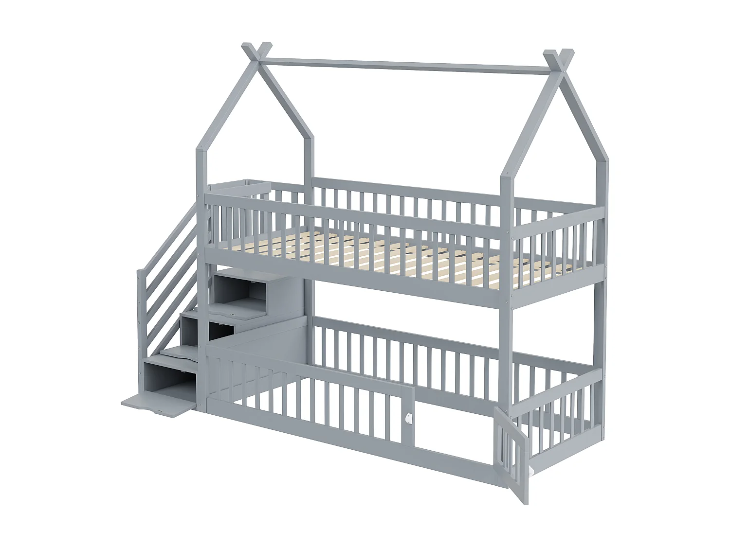 Lit superposé enfant 90x200 cm avec toit, échelle de sécurité et rangement, Bois et MDF, gris, sans matelas