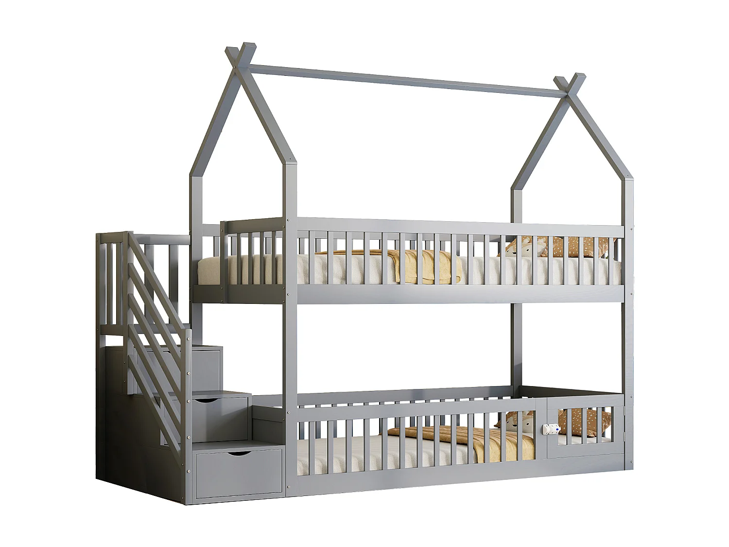 Lit Superposé Enfant 90 x 200 cm - Structure Maison Avec Toit - Escalier Sécurisé Avec Tiroirs De Rangement - Sans Matelas - Gris