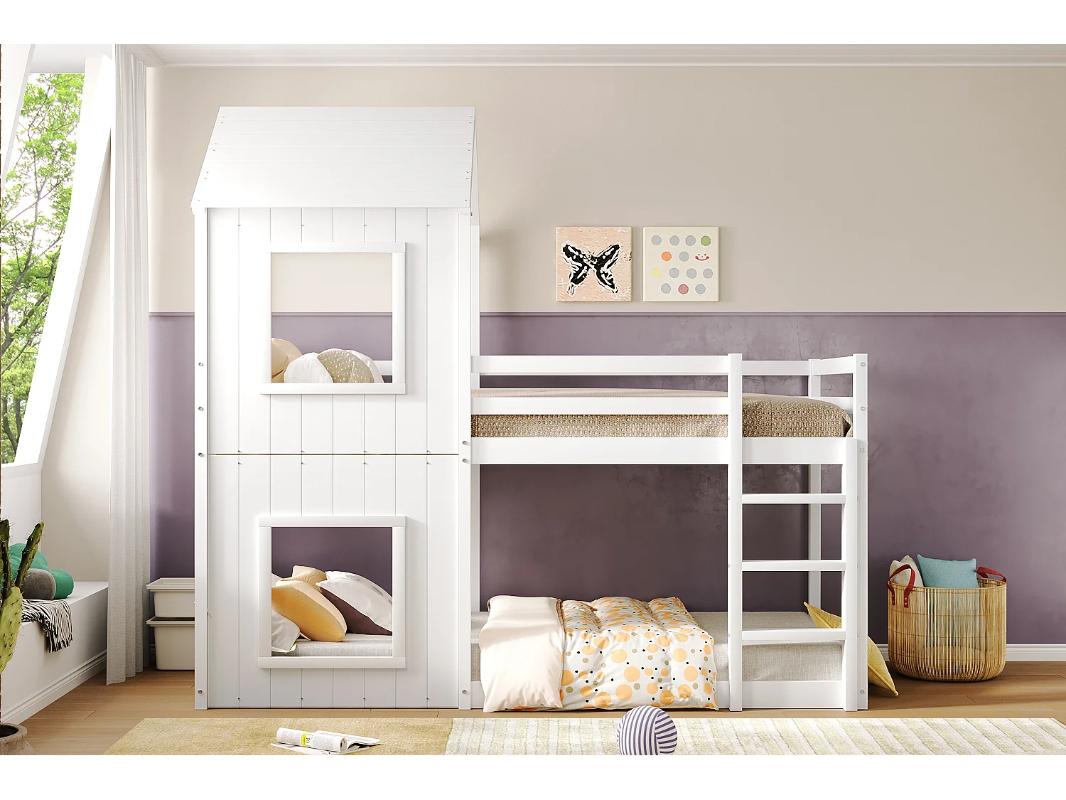 Lit superposé 90x200 cm pour enfants, avec échelle et baldaquin, en pin blanc, sans matelas