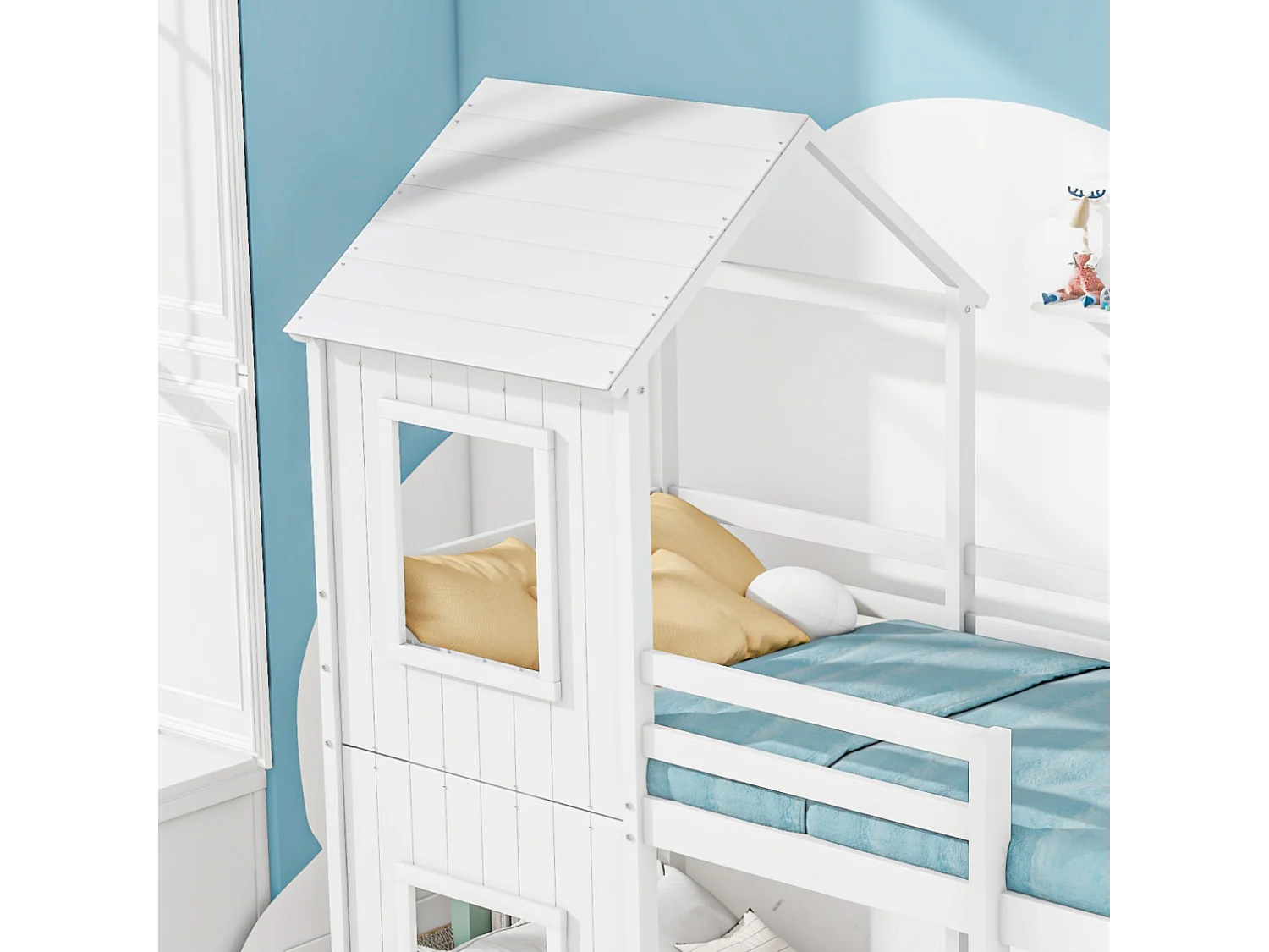 Lit enfants 90 x 200 cm - Lit Cabane En Pin Massif;MDF Avec Barrière De Sécurité Et Espace De Jeu Intégré - Sans Matelas - Blanc