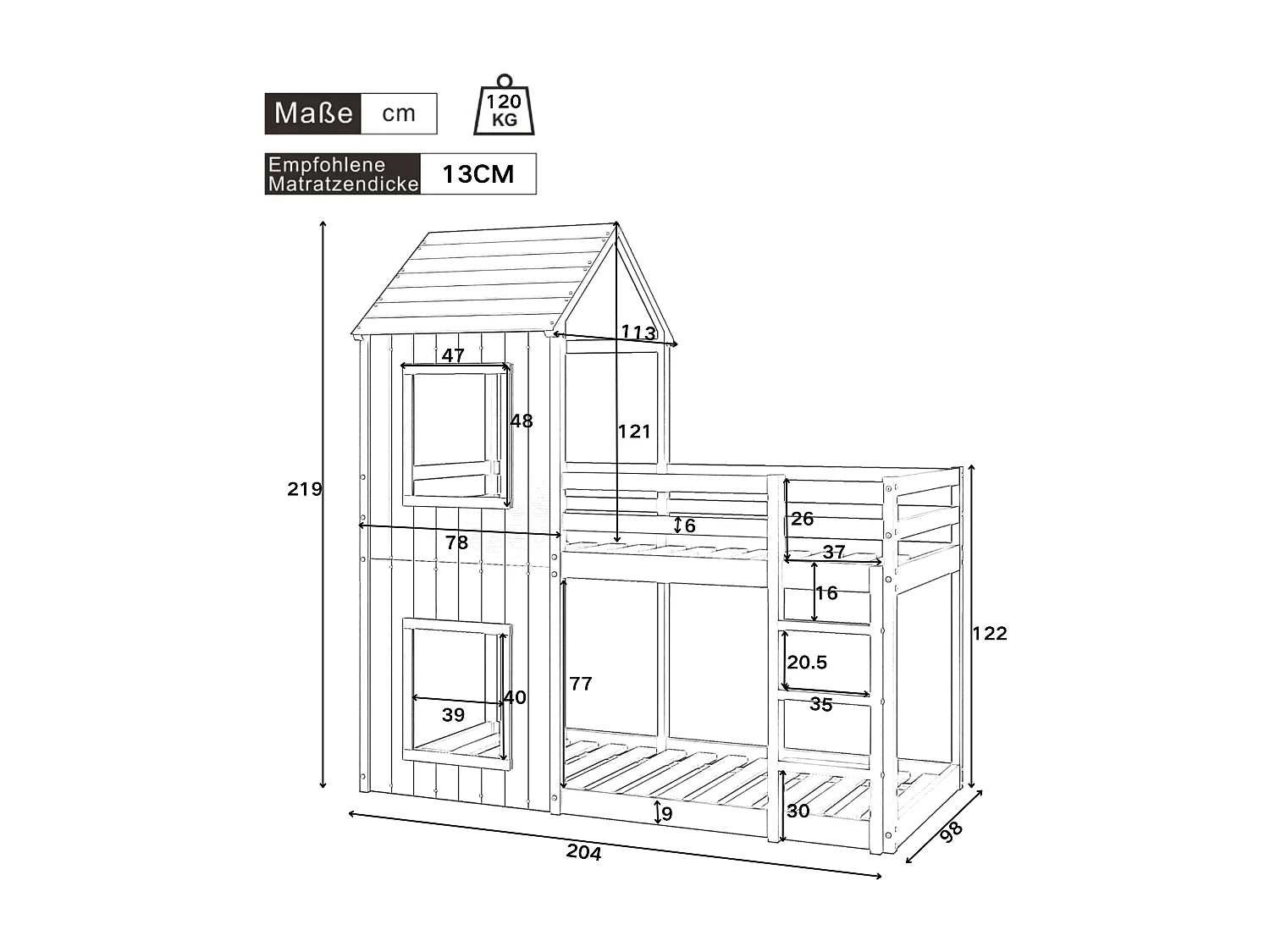 Lit enfants 90 x 200 cm - Lit Cabane En Pin Massif;MDF Avec Barrière De Sécurité Et Espace De Jeu Intégré - Sans Matelas - Blanc