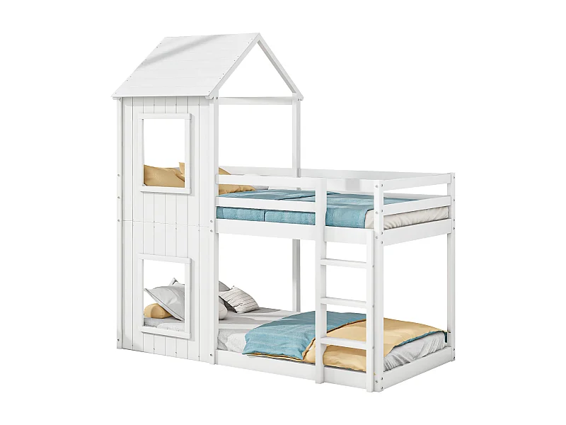 Lit superposé 90x200 cm pour enfants, avec échelle et baldaquin, en pin blanc, sans matelas