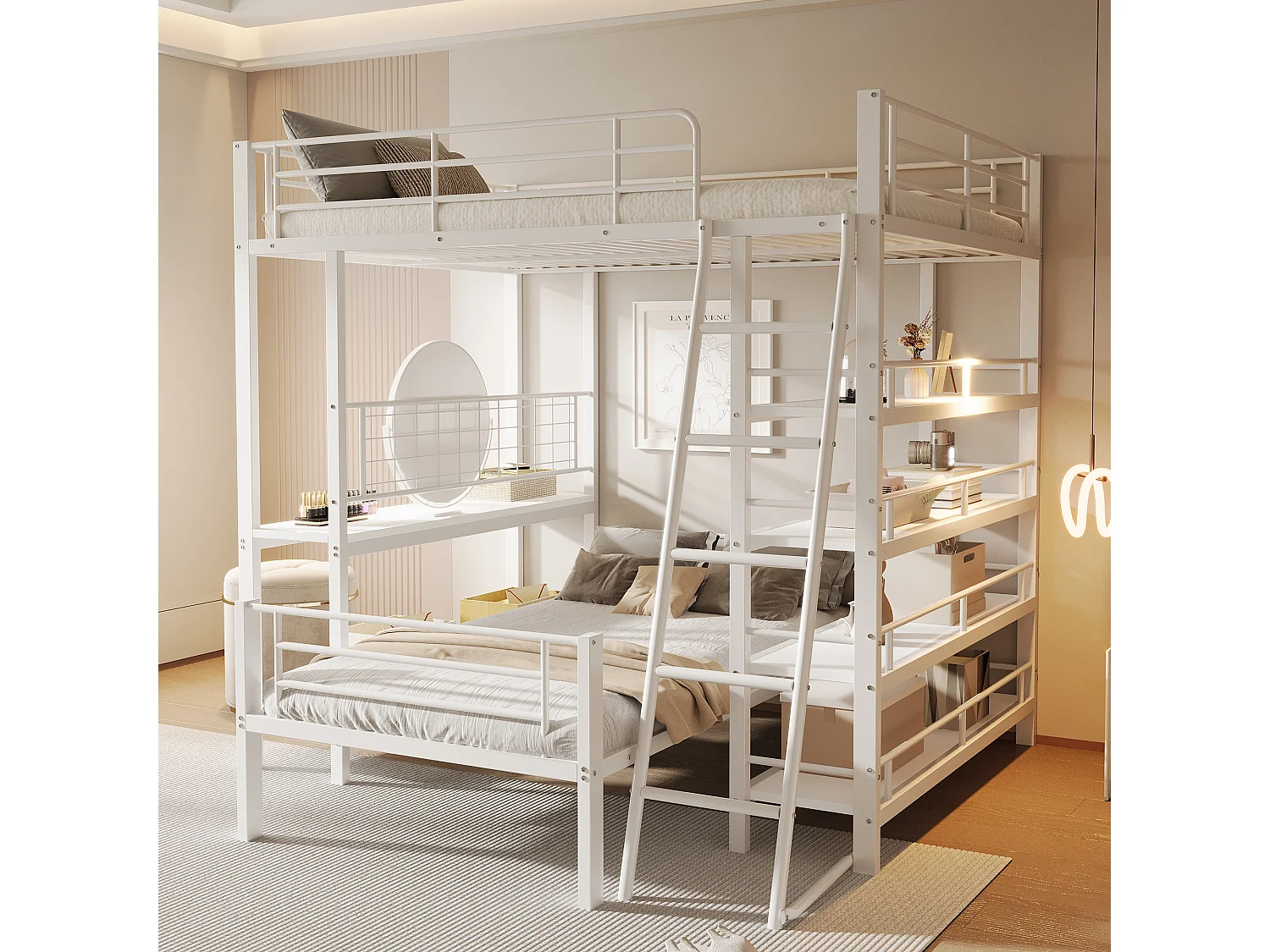 Lit superposé 90/140x200 cm avec rangement, lit mezzanine , 2 sommiers, MDF et métal, blanc, sans matelas