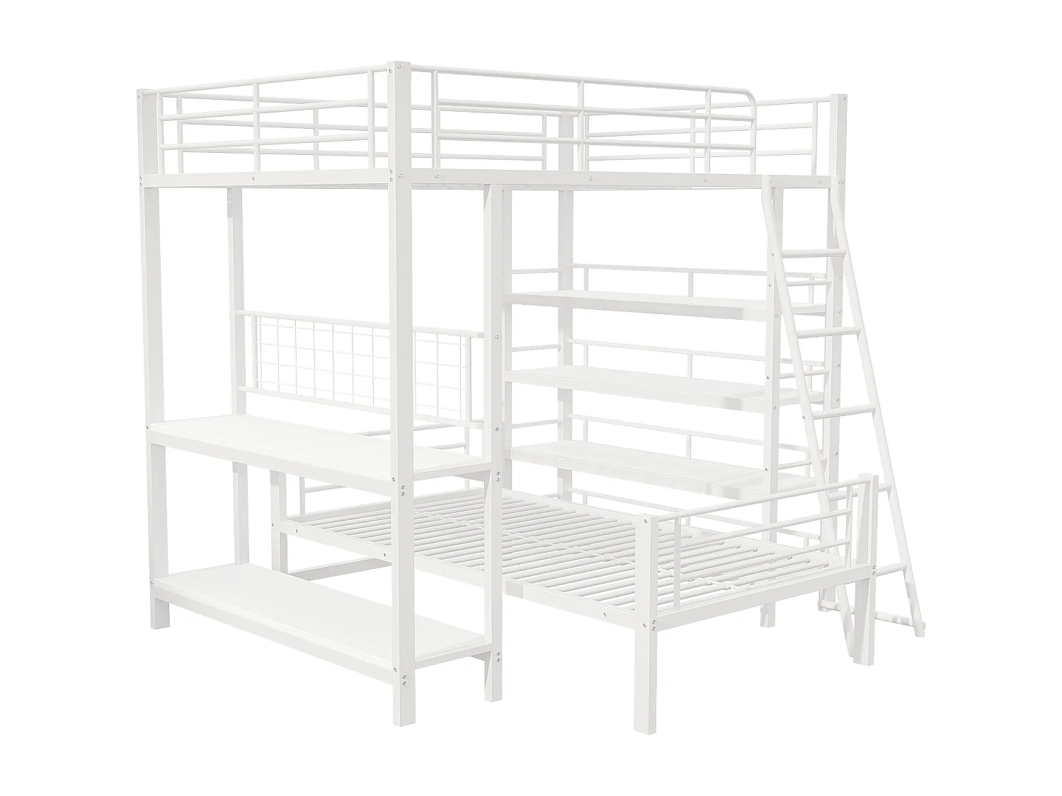 Lit superposé 90/140x200 cm avec rangement, lit mezzanine , 2 sommiers, MDF et métal, blanc, sans matelas