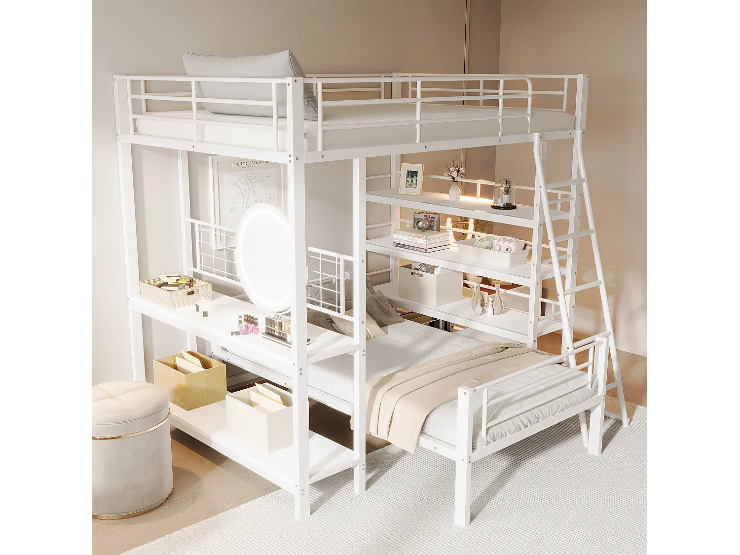 Stapelbed 140x200 cm – Met Metalen Lattenbodem en Opbergvakken – Deelbaar Tot 2 Bedden – Loft Ruimte 150 cm – Metaal – Wit - Zonder matras