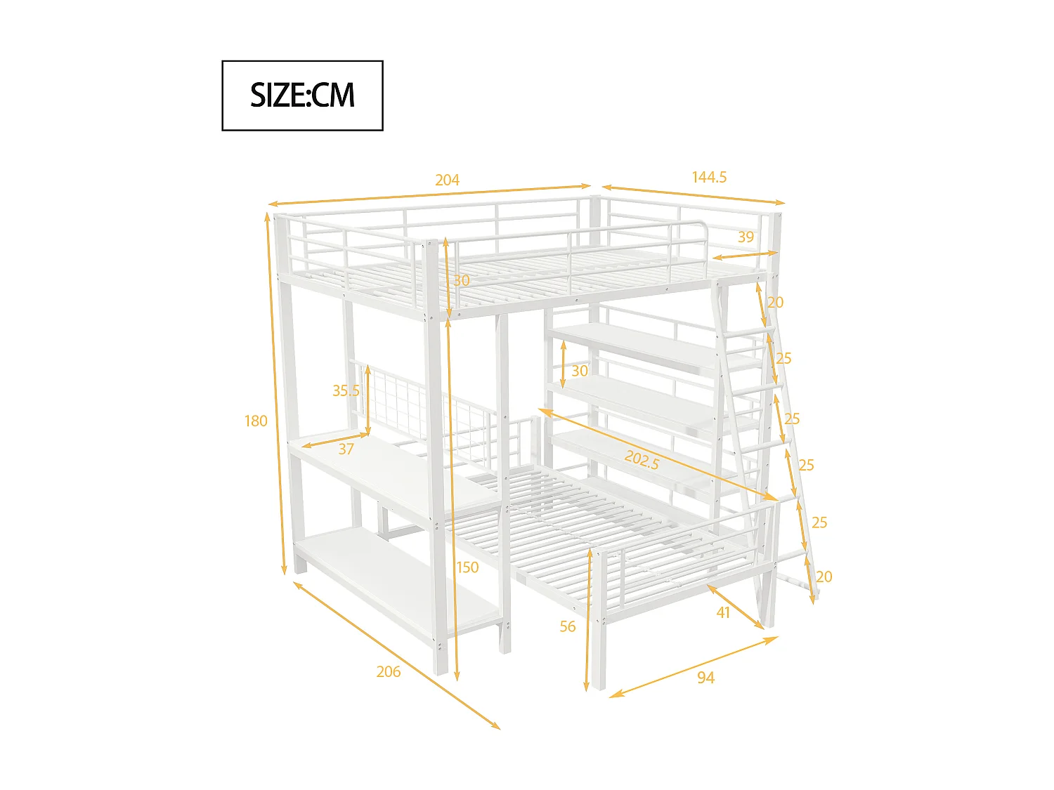 Stapelbed 140x200 cm – Met Metalen Lattenbodem en Opbergvakken – Deelbaar Tot 2 Bedden – Loft Ruimte 150 cm – Metaal – Wit - Zonder matras