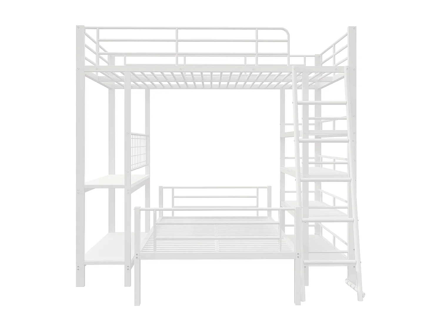 Stapelbed 140x200 cm – Met Metalen Lattenbodem en Opbergvakken – Deelbaar Tot 2 Bedden – Loft Ruimte 150 cm – Metaal – Wit - Zonder matras