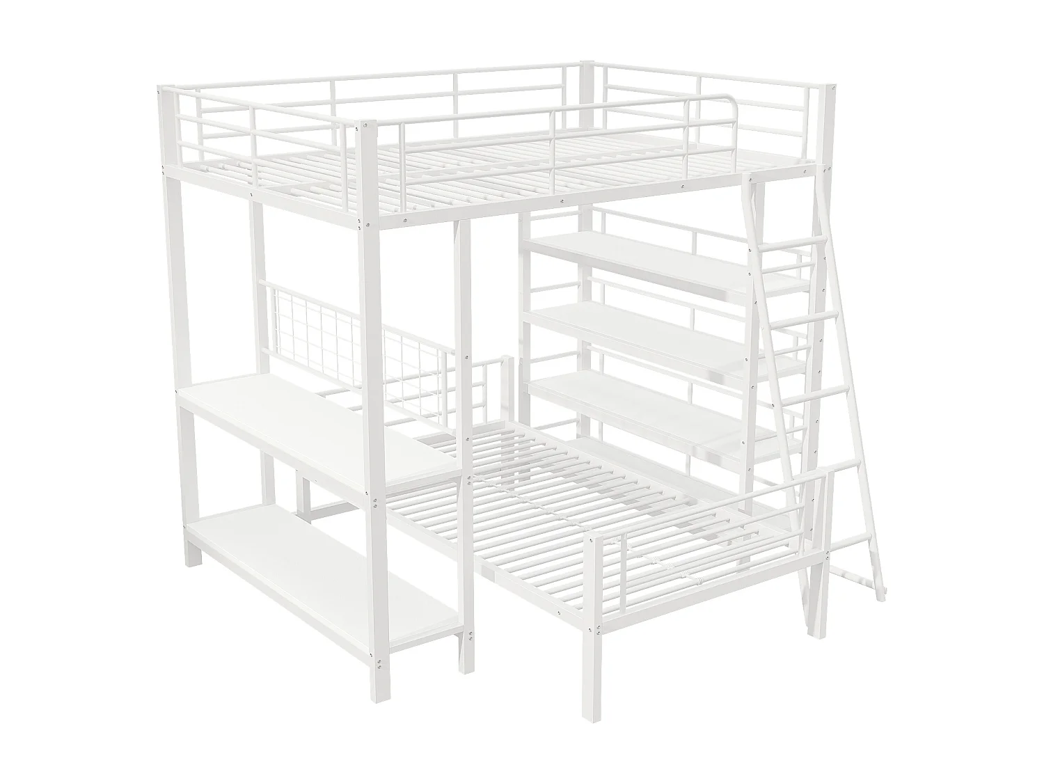 Stapelbed 140x200 cm – Met Metalen Lattenbodem en Opbergvakken – Deelbaar Tot 2 Bedden – Loft Ruimte 150 cm – Metaal – Wit - Zonder matras