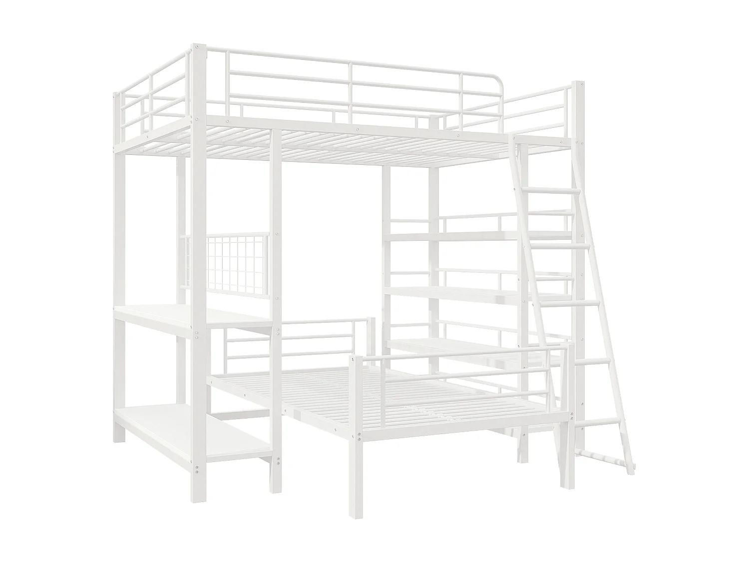 Stapelbed 140x200 cm – Met Metalen Lattenbodem en Opbergvakken – Deelbaar Tot 2 Bedden – Loft Ruimte 150 cm – Metaal – Wit - Zonder matras