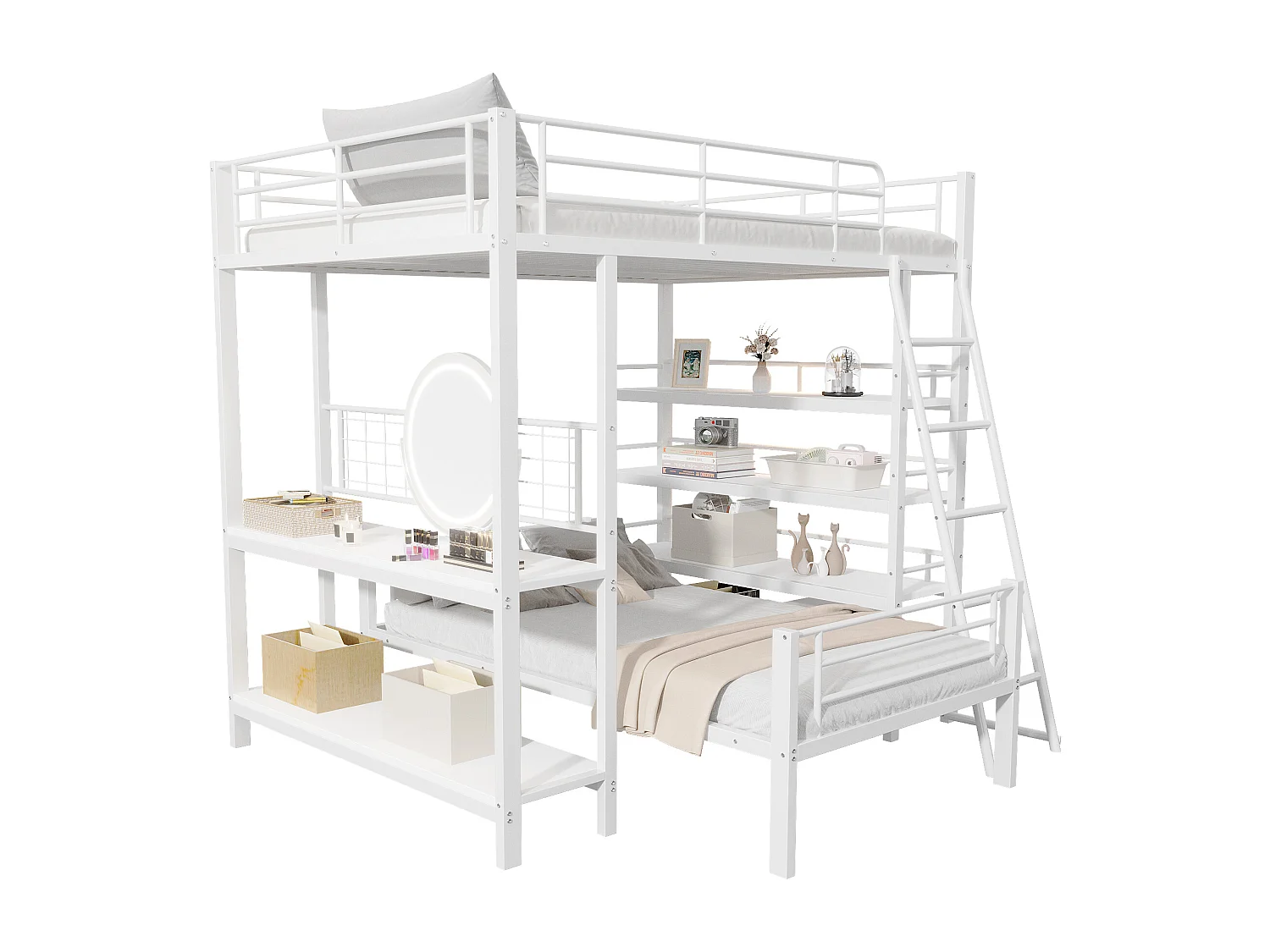 Stapelbed 140x200 cm – Met Metalen Lattenbodem en Opbergvakken – Deelbaar Tot 2 Bedden – Loft Ruimte 150 cm – Metaal – Wit - Zonder matras