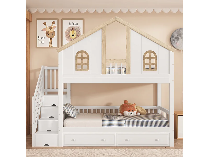 Lit superposé enfant 90x200 cm avec rangement, fenêtres, pin et MDF, blanc et naturel, sans matelas