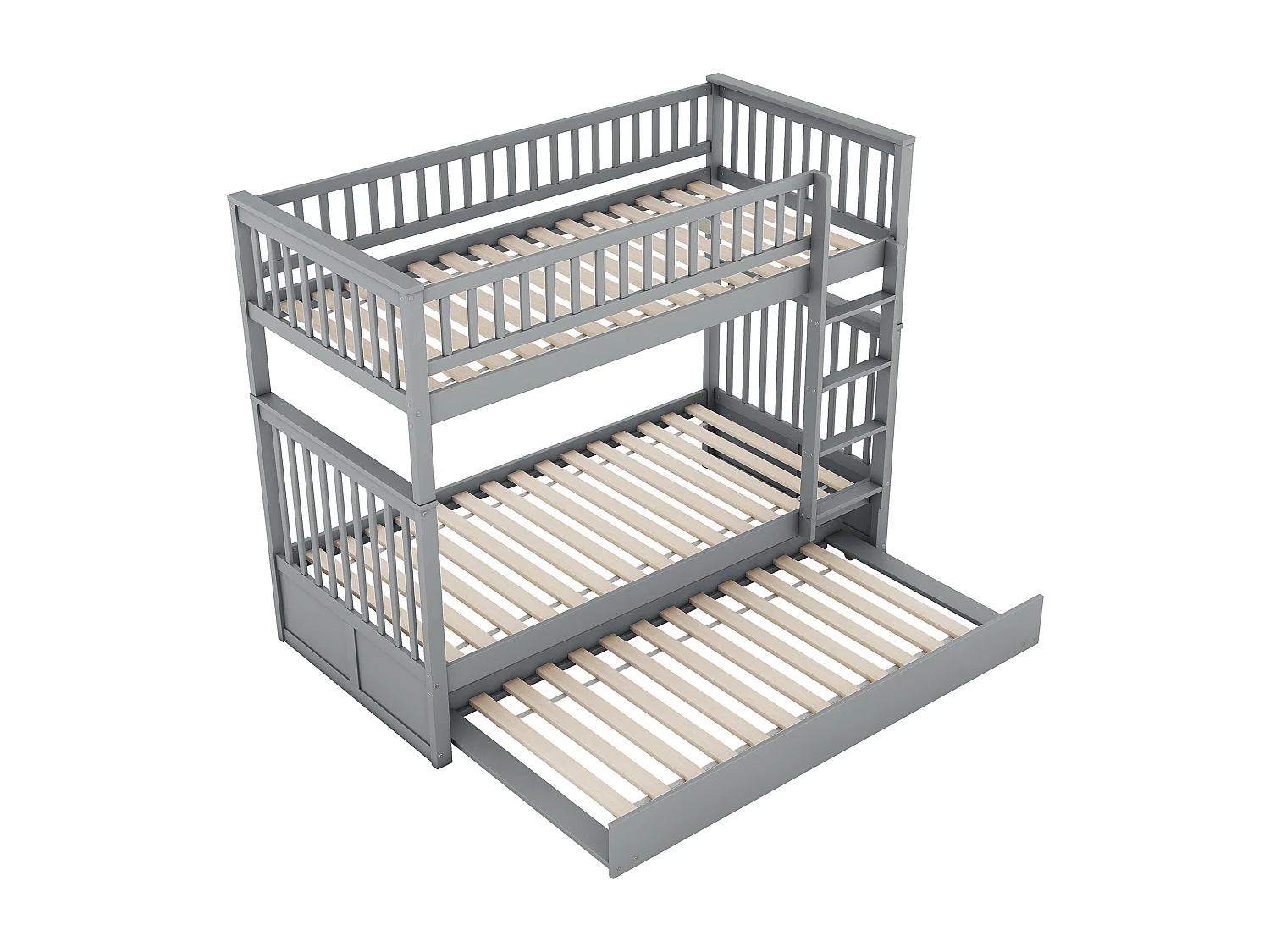 Lit superposé 90 x 200 cm - 3 couchages modulable avec lit gigogne amovible - En Pin; MDF - Escalier Stable et Garde-corps - Sans matelas - Gris