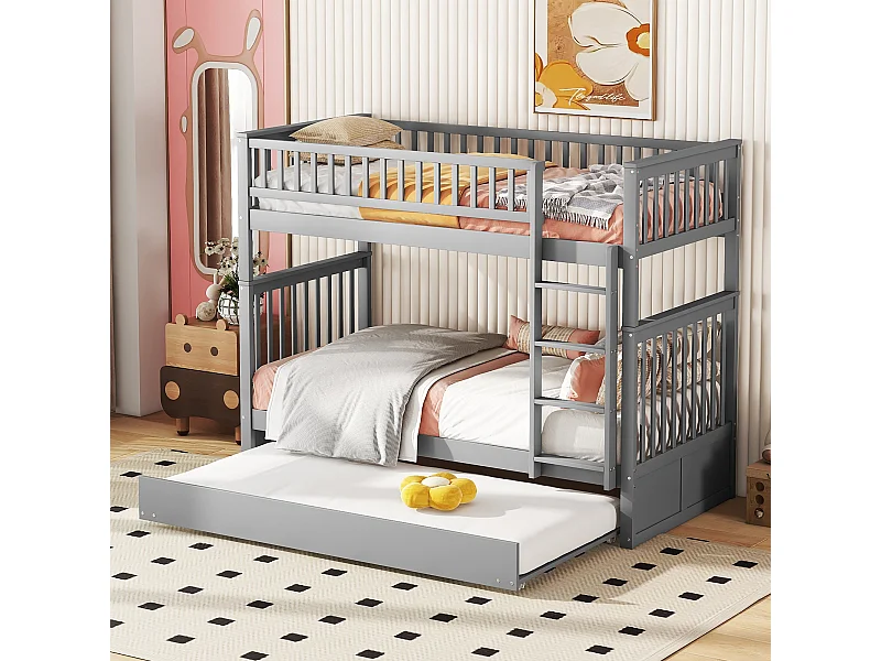 Lit superposé 90 x 200 cm - 3 couchages modulable avec lit gigogne amovible - En Pin; MDF - Escalier Stable et Garde-corps - Sans matelas - Gris