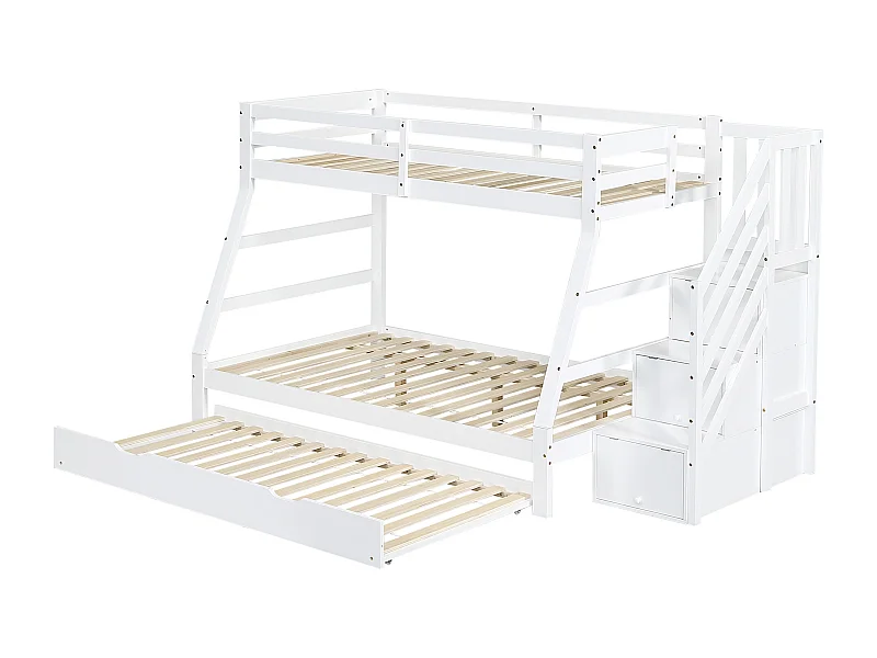 Lit superposé lit gigogne, 90x190cm et 90/120x200 cm, avec echelle de rangement, bois blanc, sans matelas
