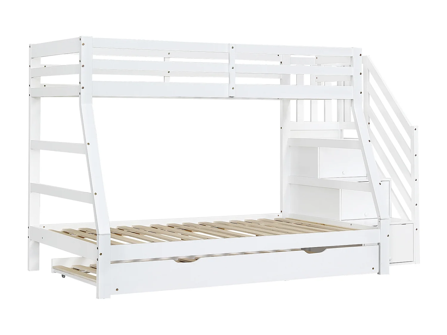 Lit superposé lit gigogne, 90x190cm et 90/120x200 cm, avec echelle de rangement, bois blanc, sans matelas
