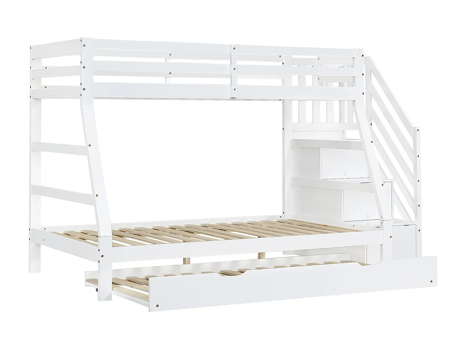 Lit superposé lit gigogne, 90x190cm et 90/120x200 cm, avec echelle de rangement, bois blanc, sans matelas