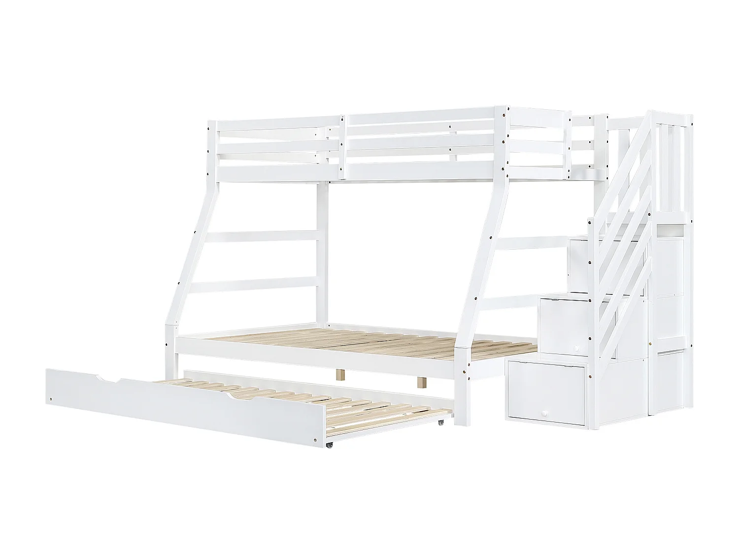 Lit superposé lit gigogne, 90x190cm et 90/120x200 cm, avec echelle de rangement, bois blanc, sans matelas