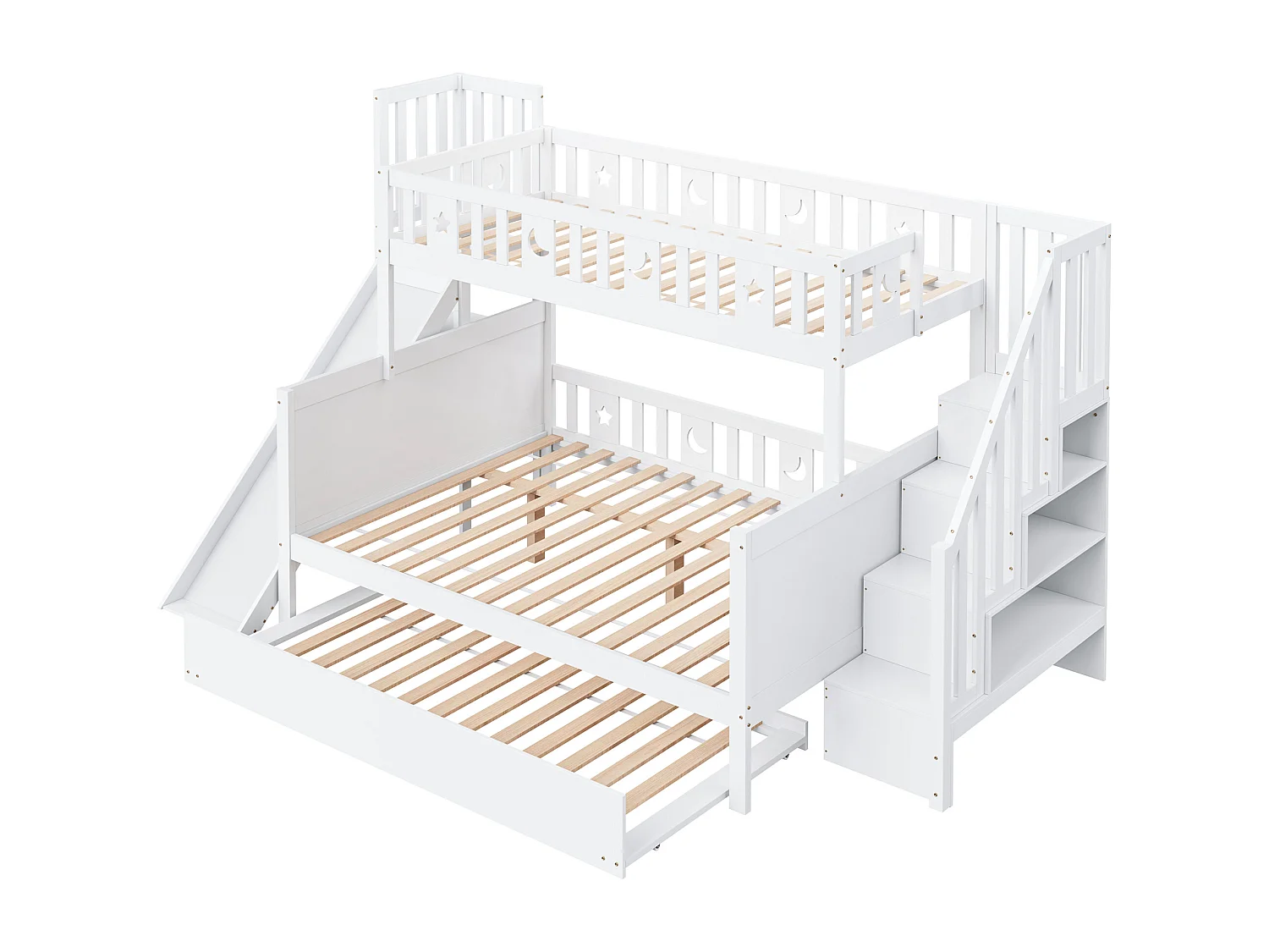 Lit superposé 90x200/140x200 cm avec toboggan et échelle de rangement, barrière de sécurité, sans matelas